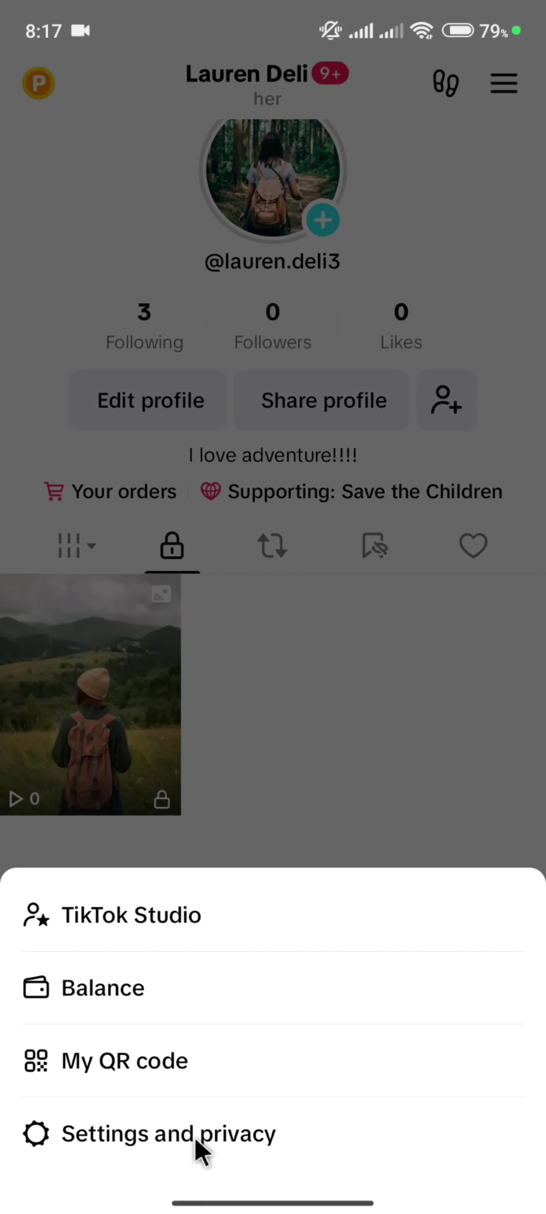 Settings on TikTok video thumbnail