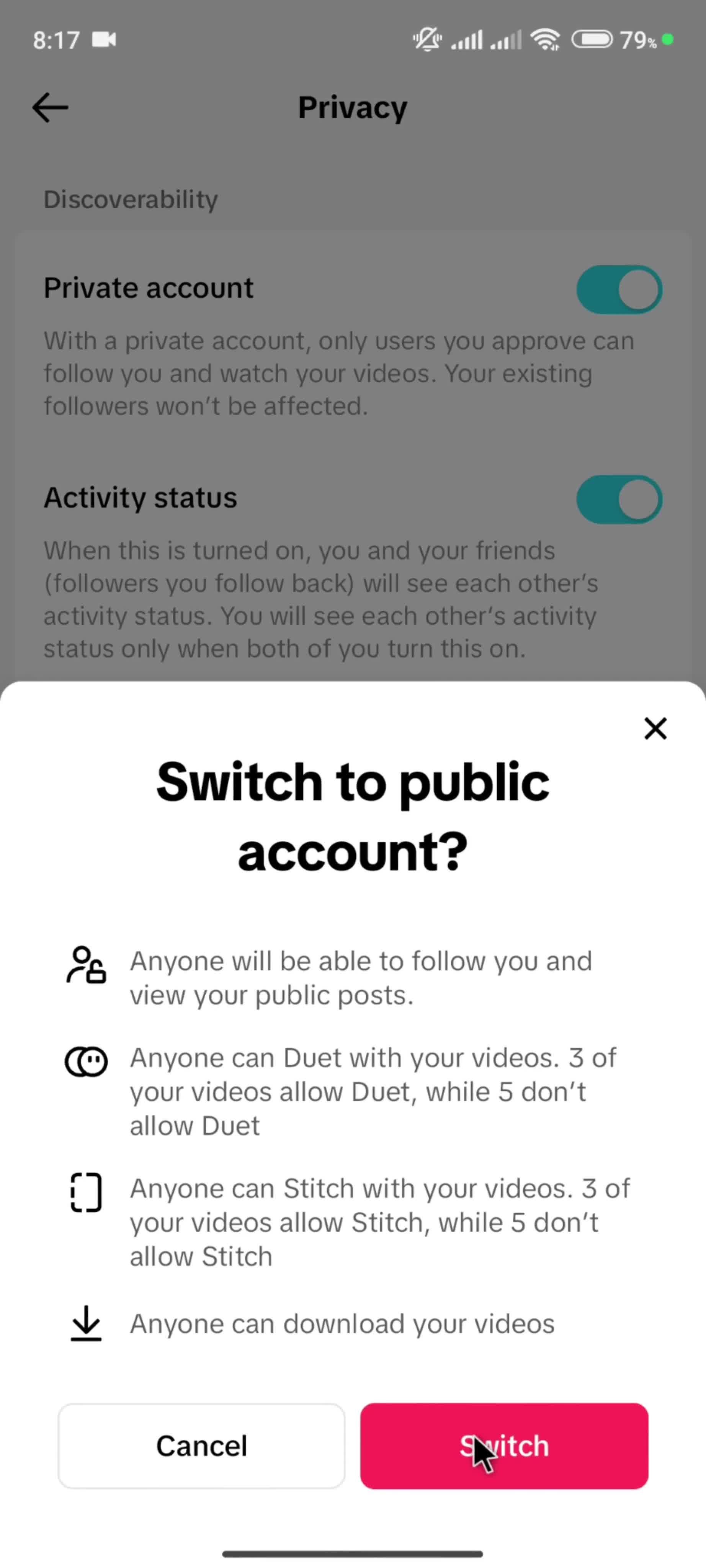 Settings on TikTok video thumbnail