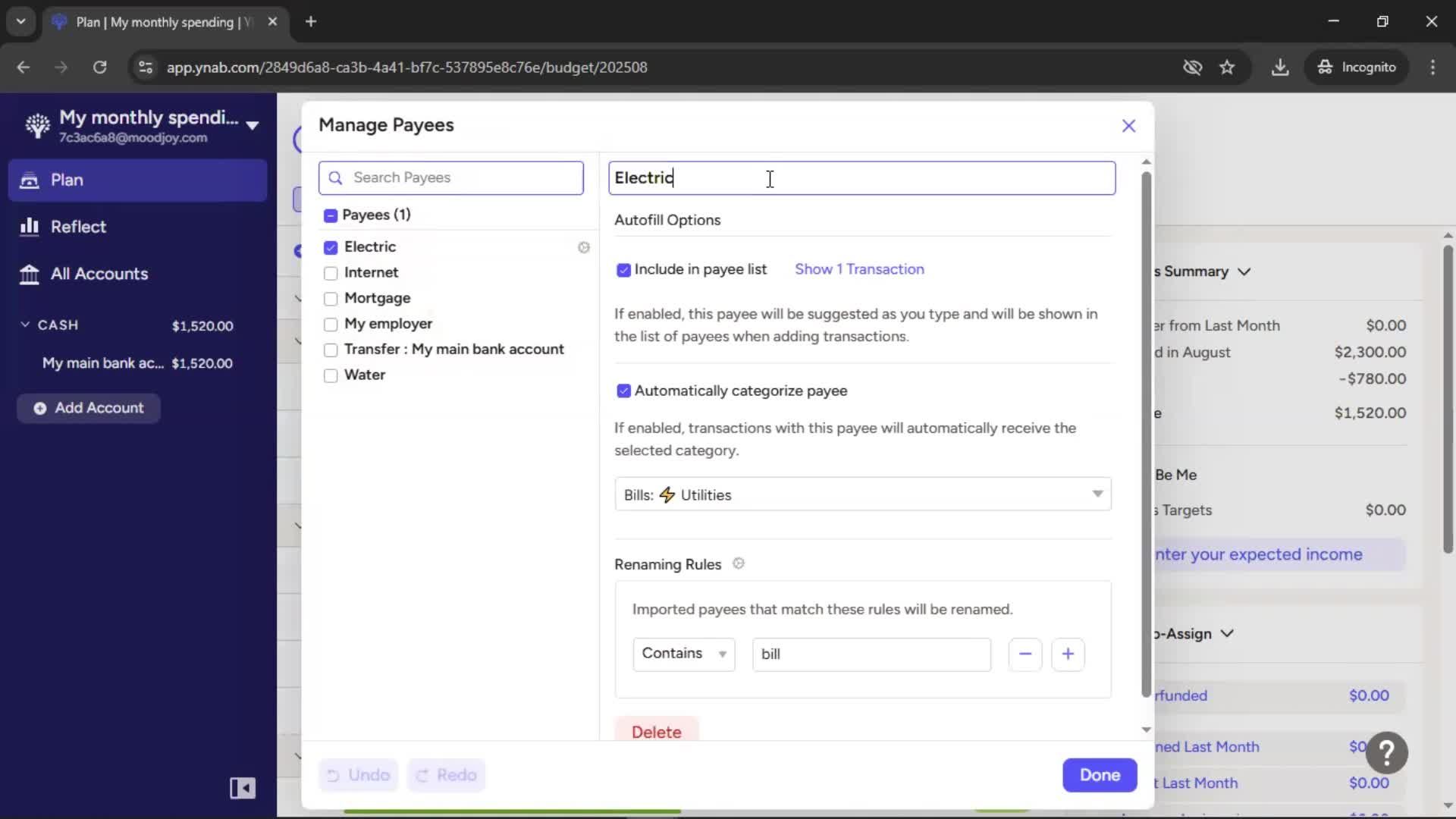 Managing payees screenshot