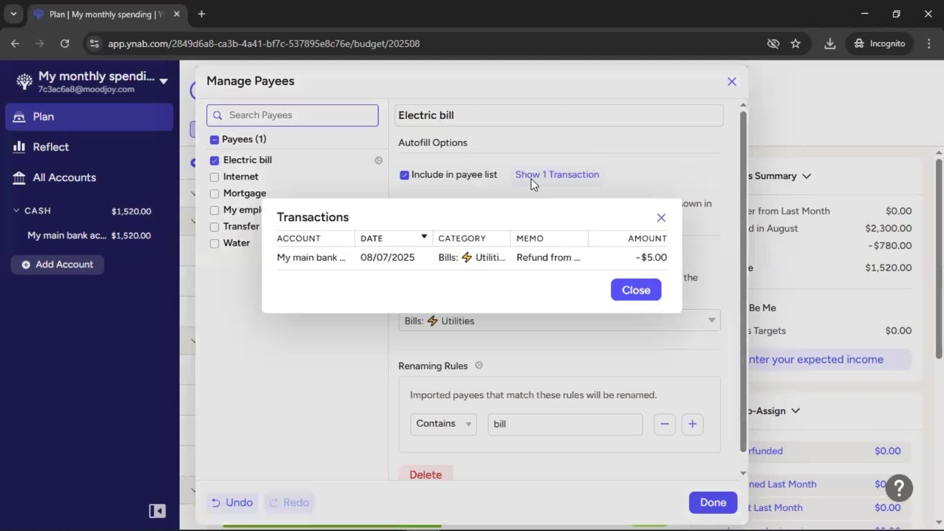 Managing payees screenshot
