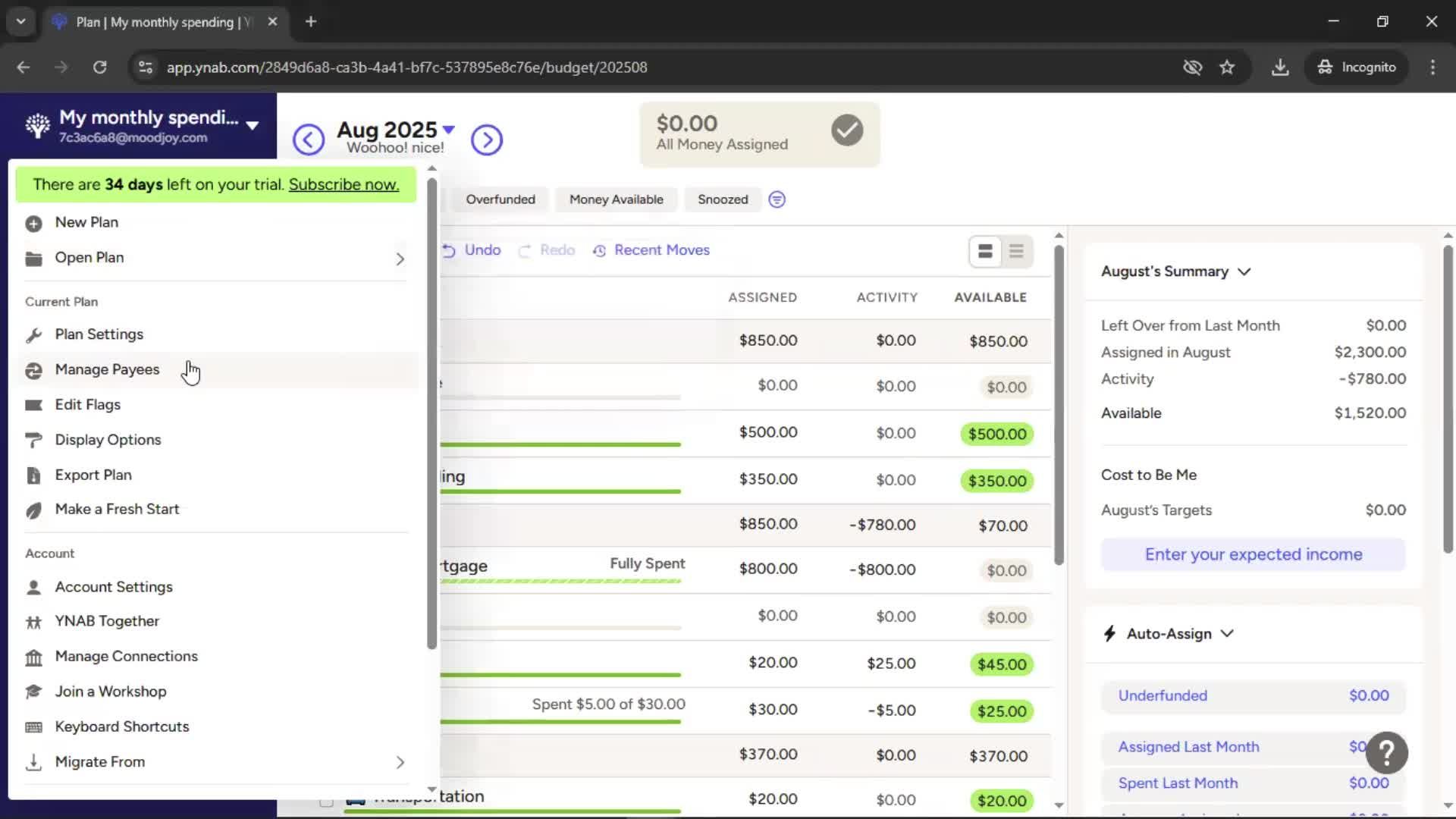 Managing payees screenshot