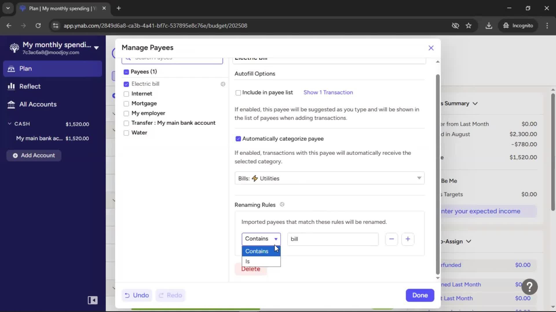 Managing payees screenshot