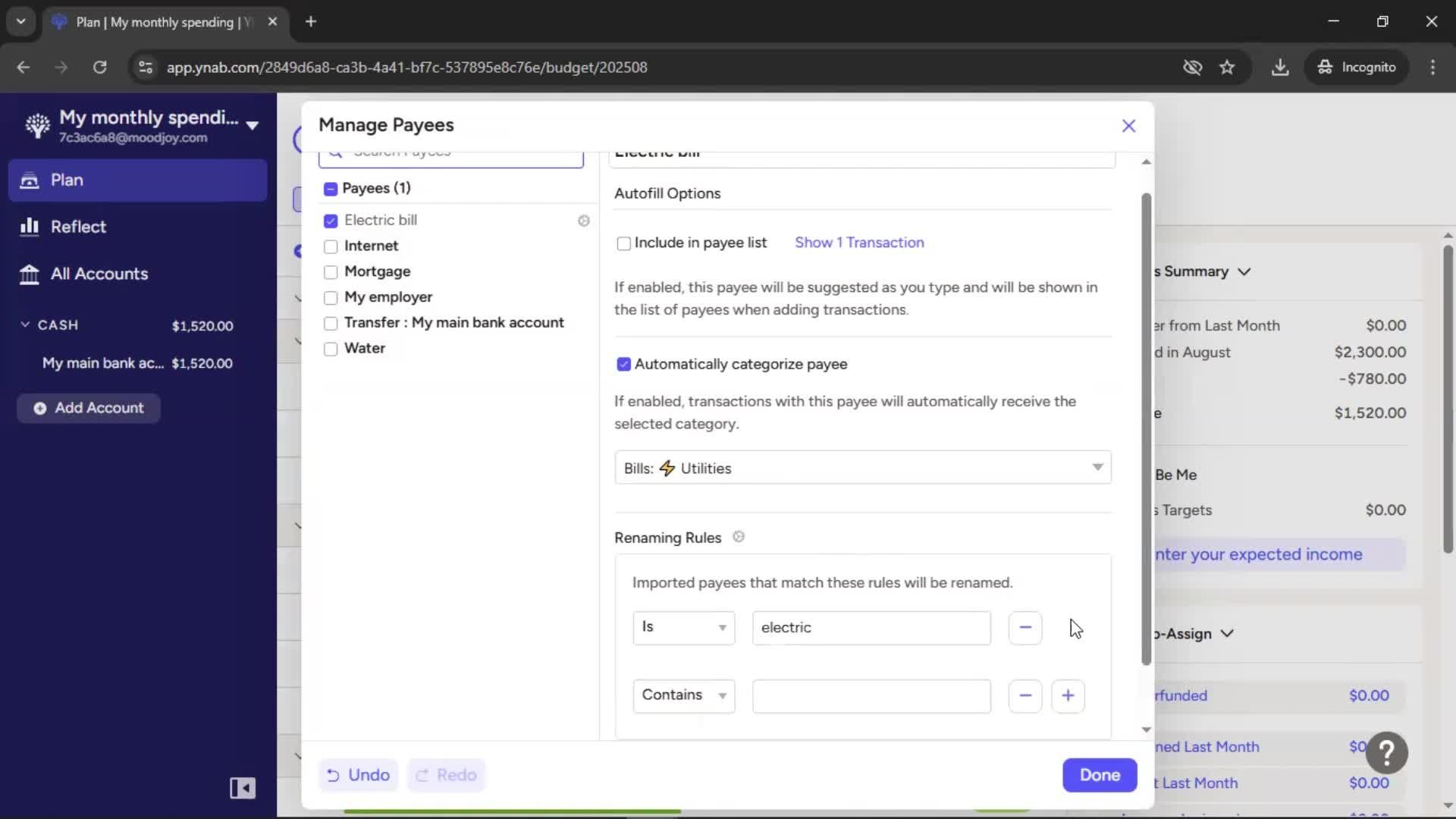 Managing payees screenshot