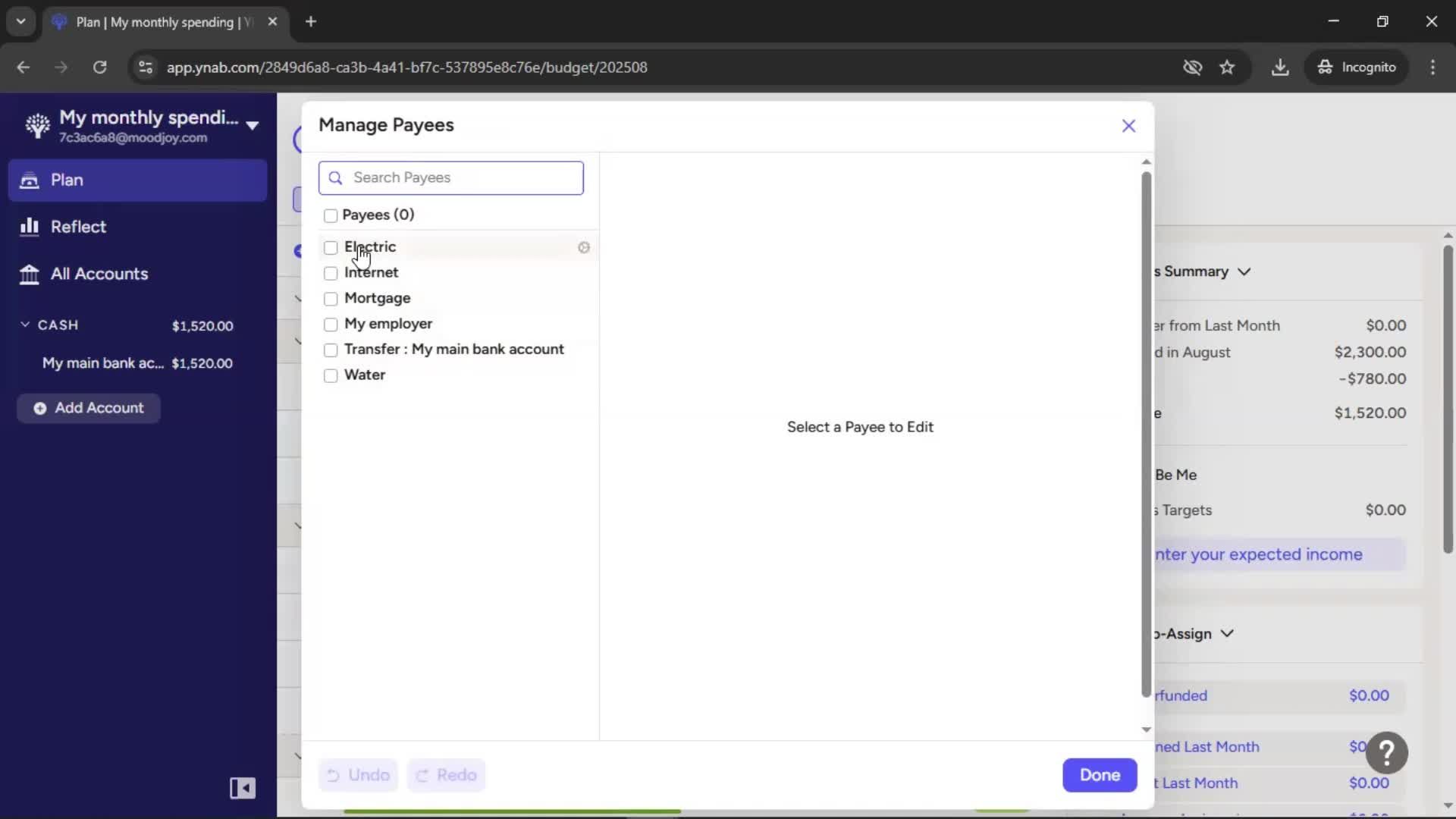 Managing payees screenshot