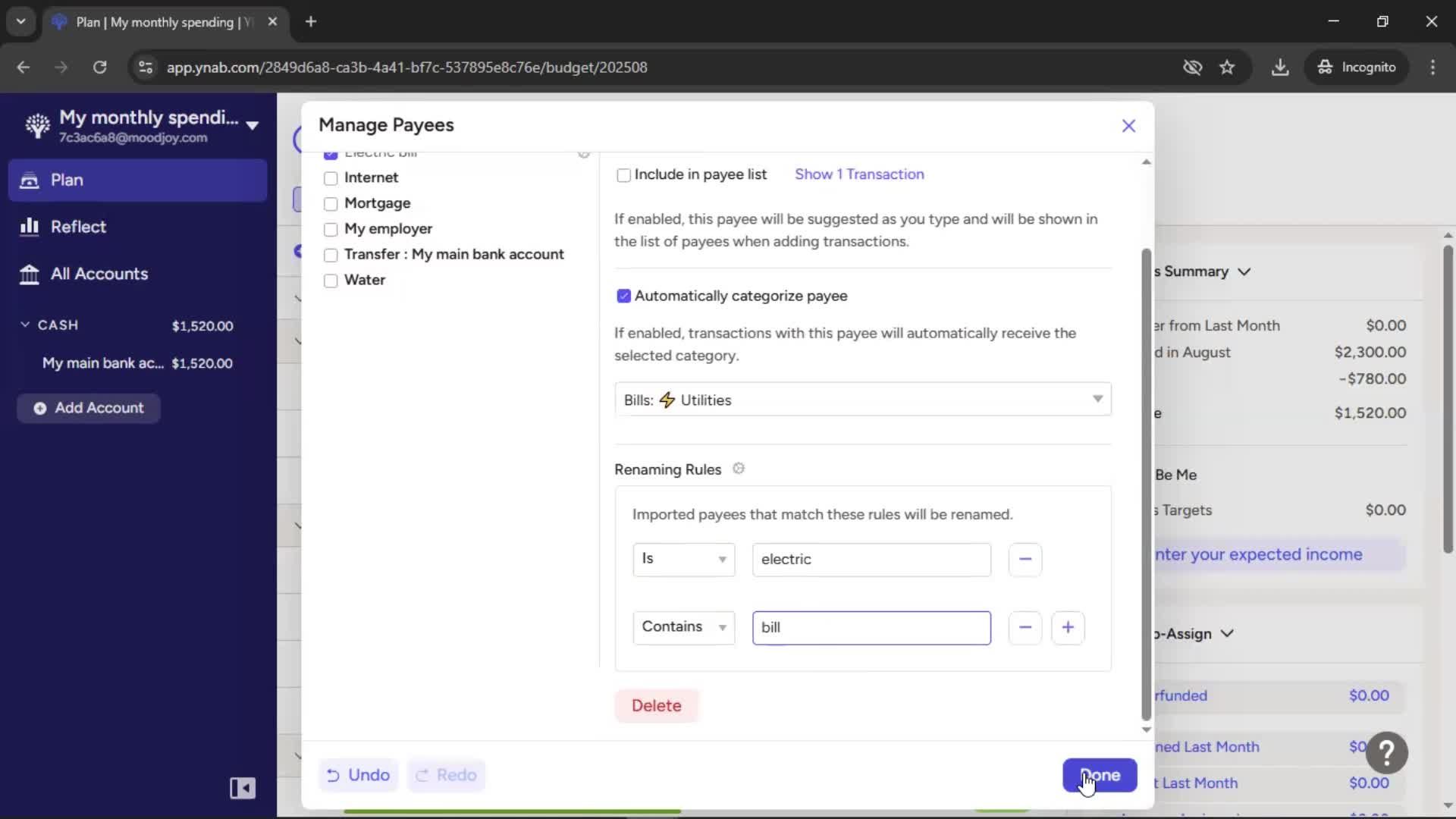 Managing payees screenshot