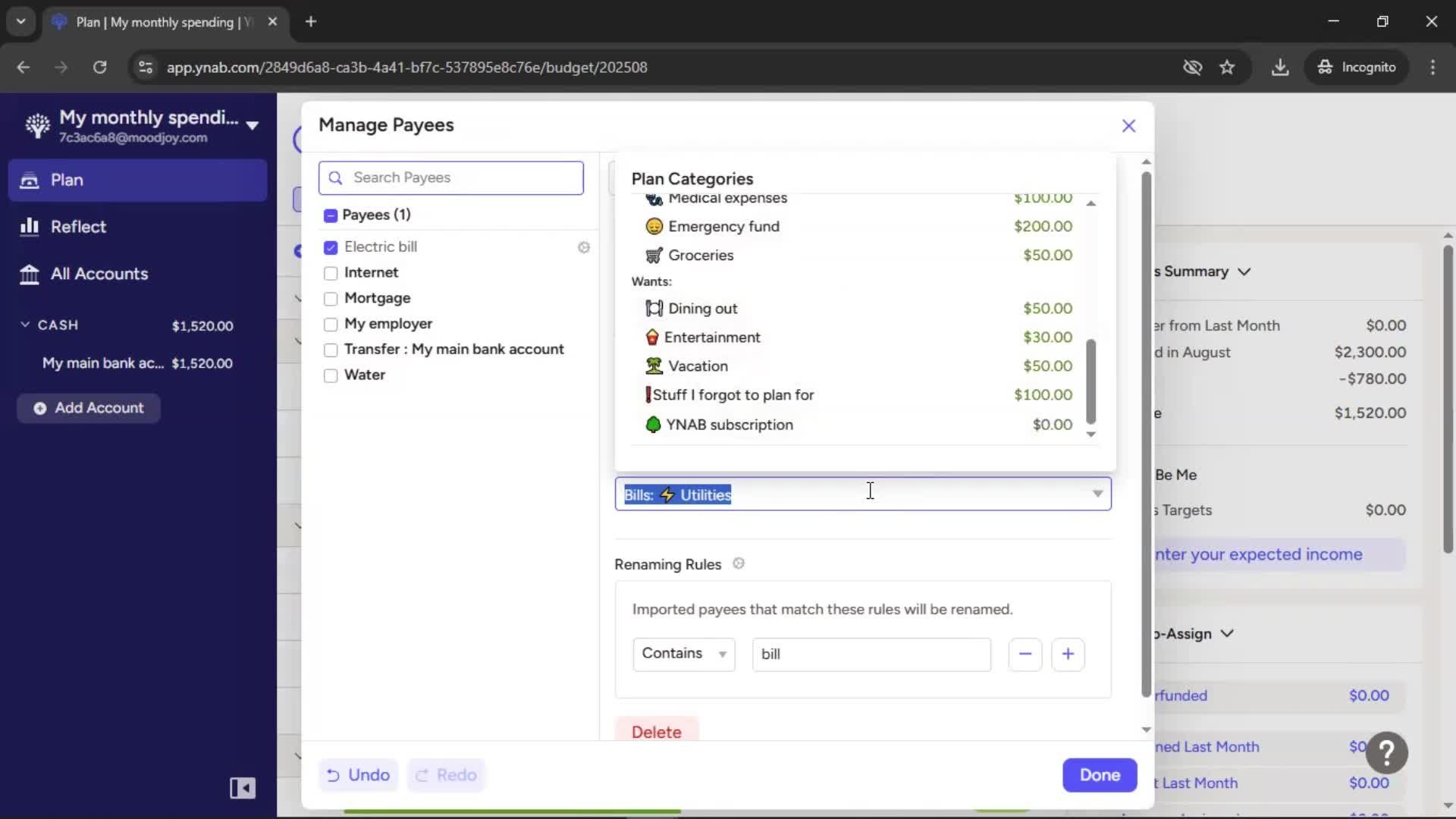 Managing payees screenshot