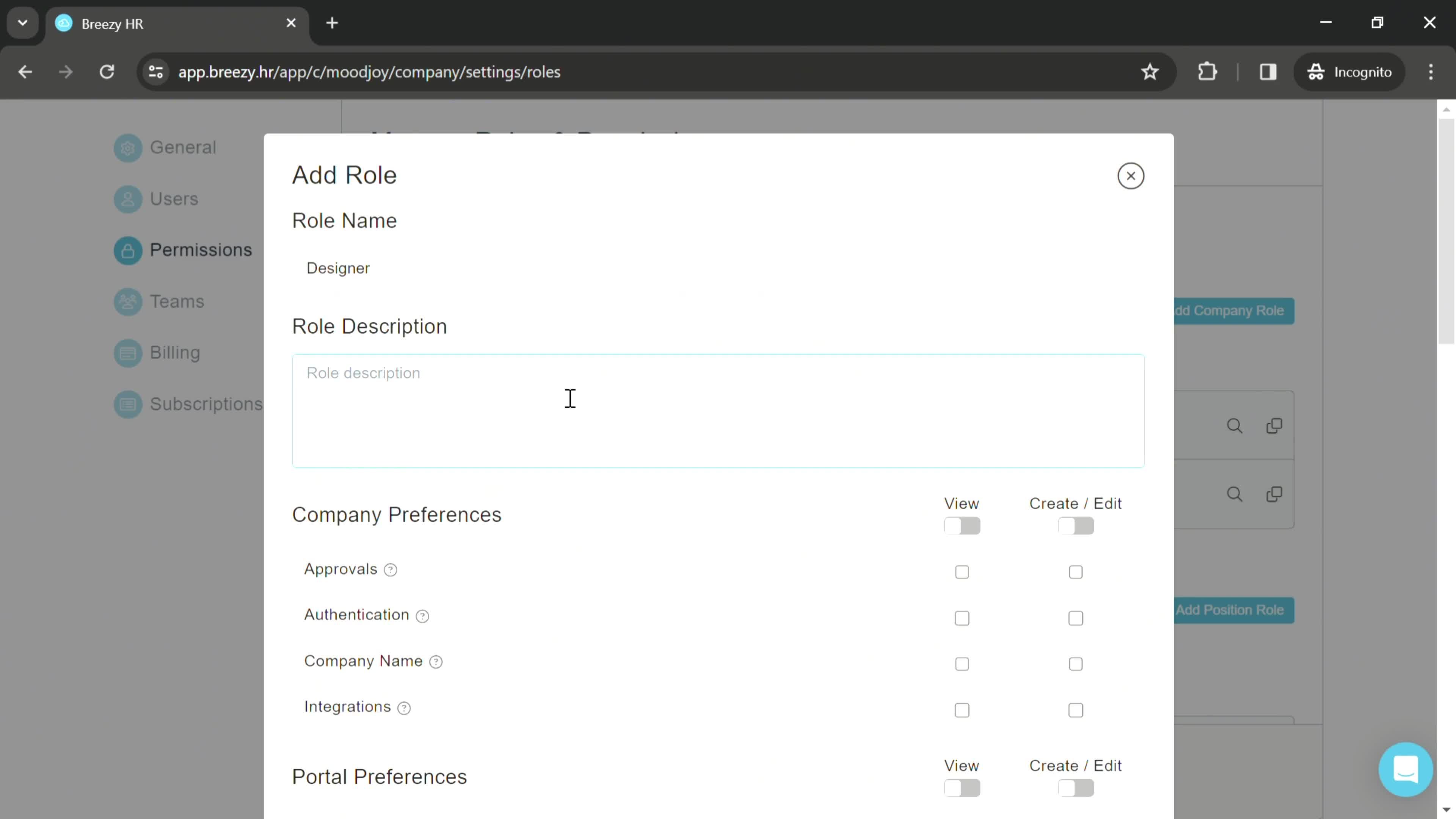 Managing roles and permissions screenshot