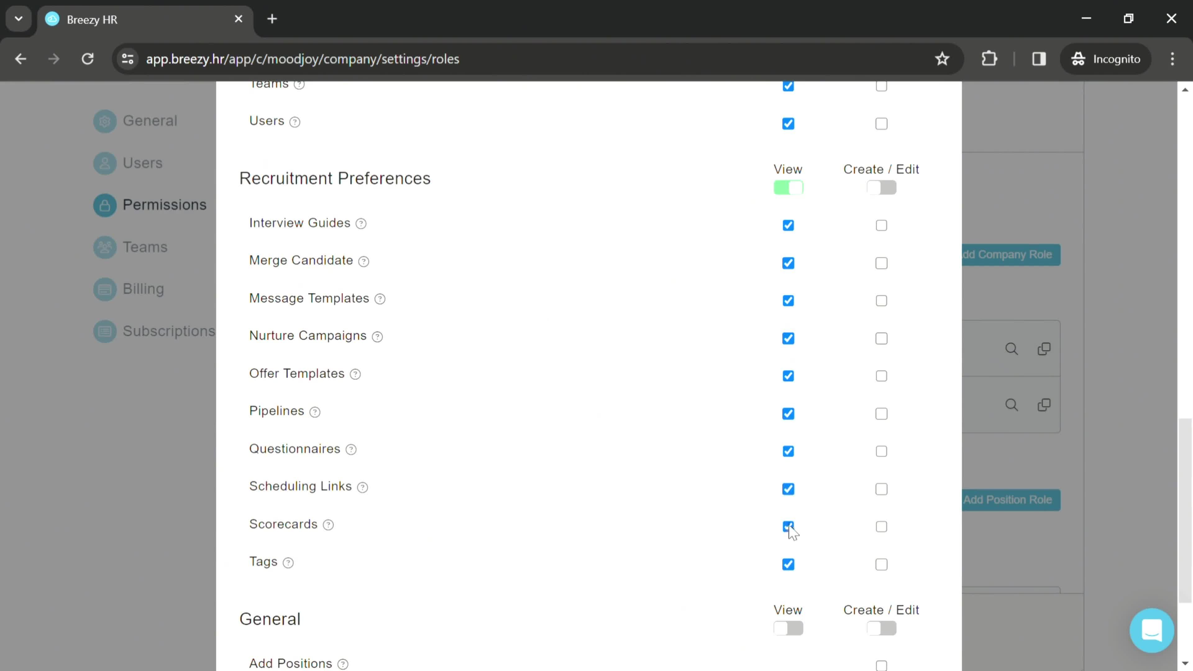 Managing roles and permissions screenshot