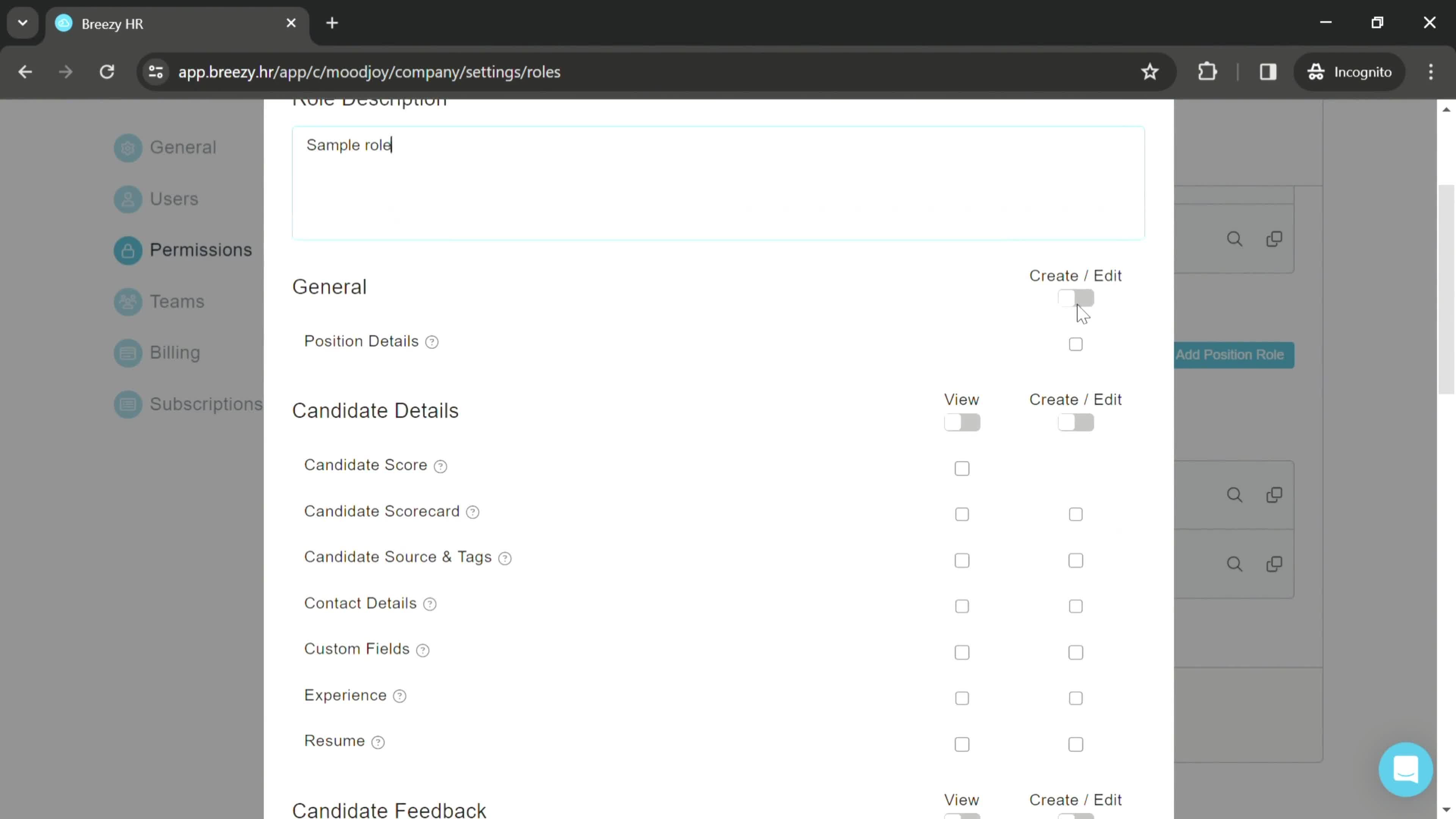 Managing roles and permissions screenshot