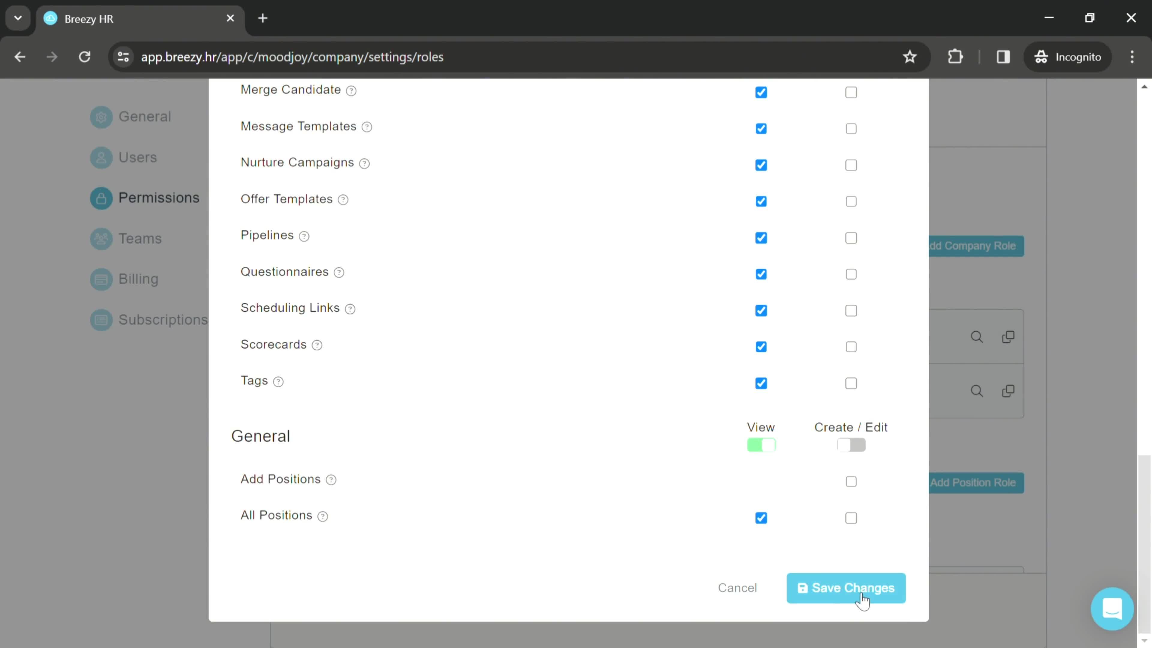 Managing roles and permissions screenshot