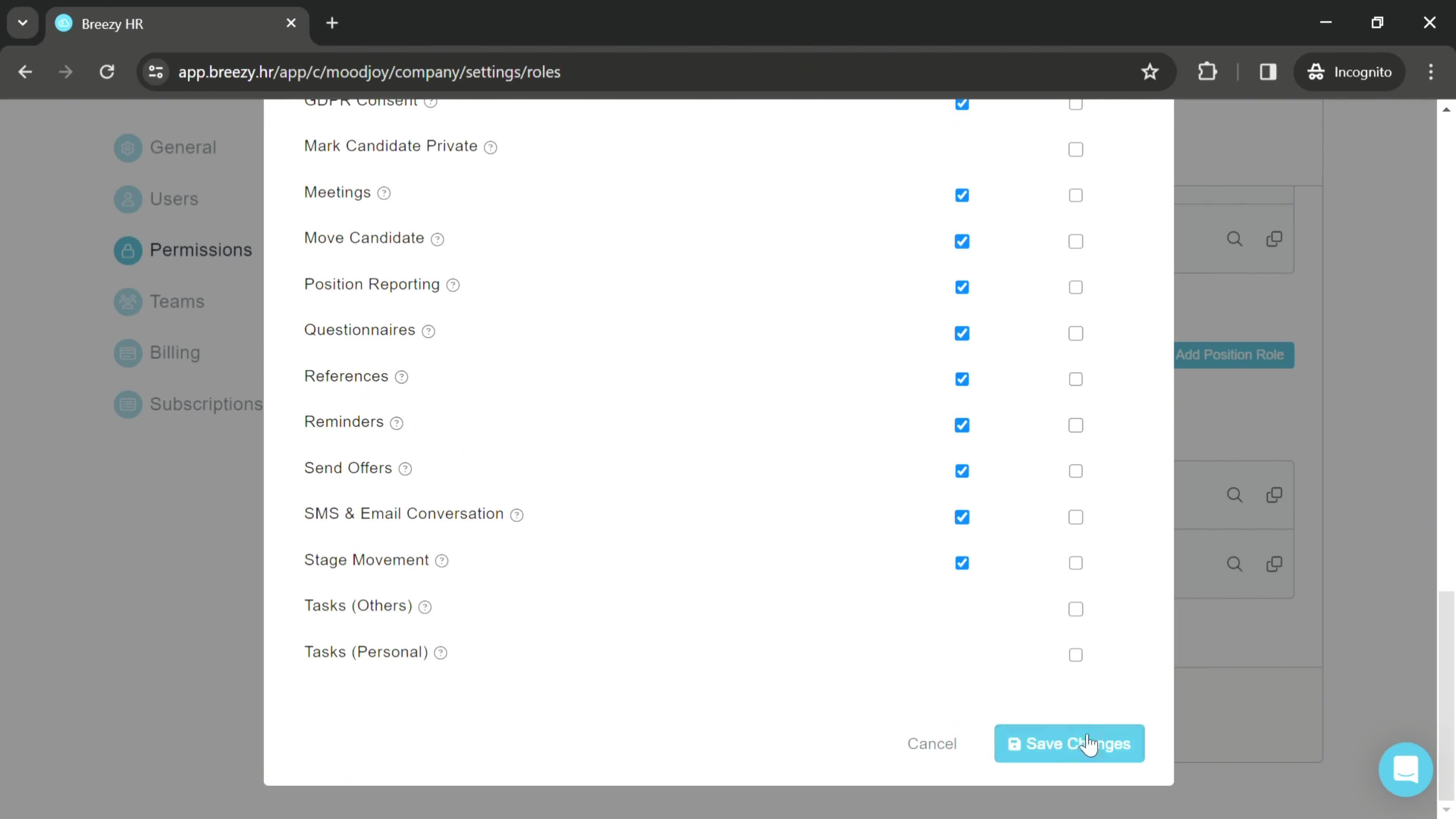 Managing roles and permissions screenshot