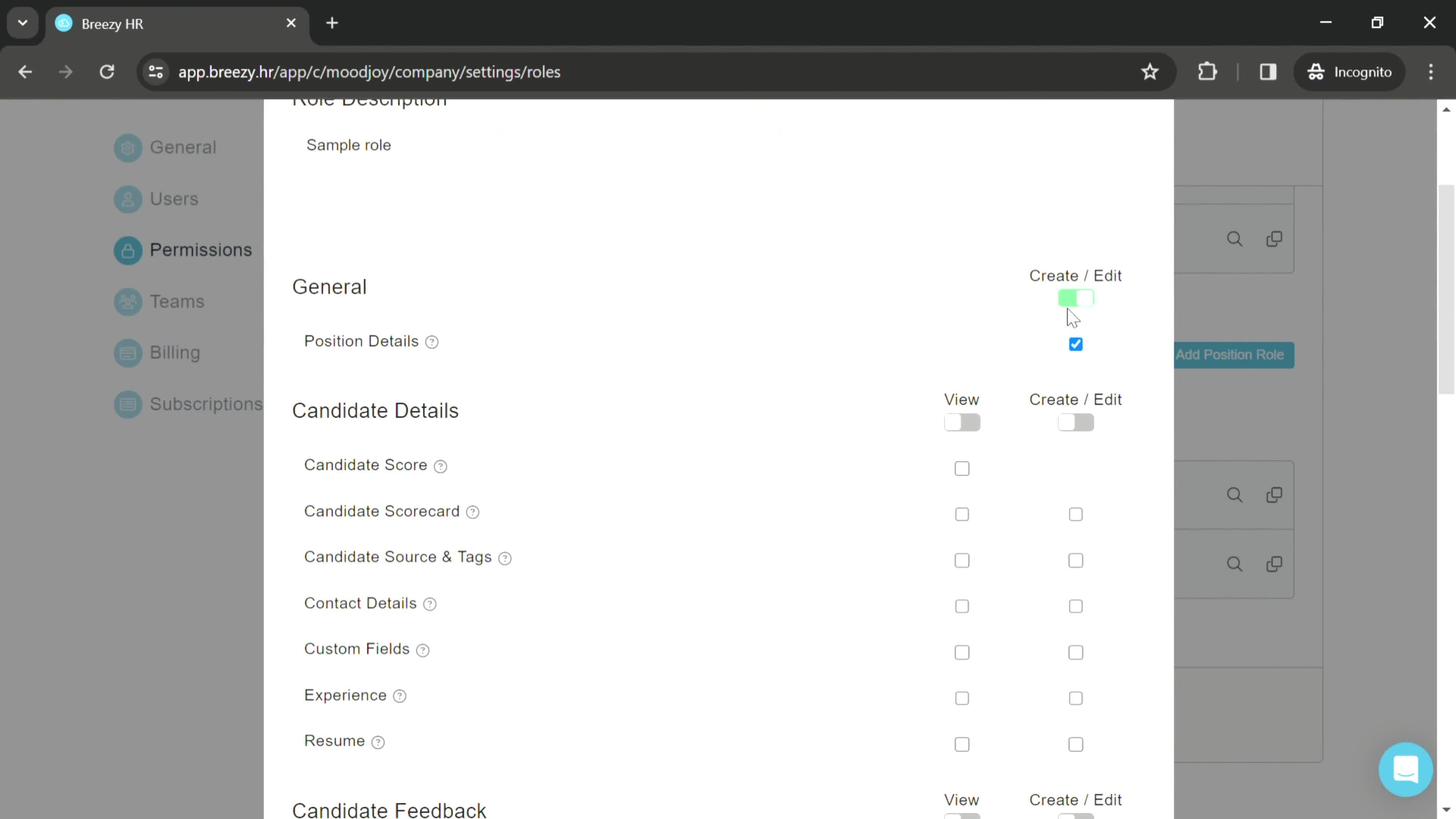 Managing roles and permissions screenshot