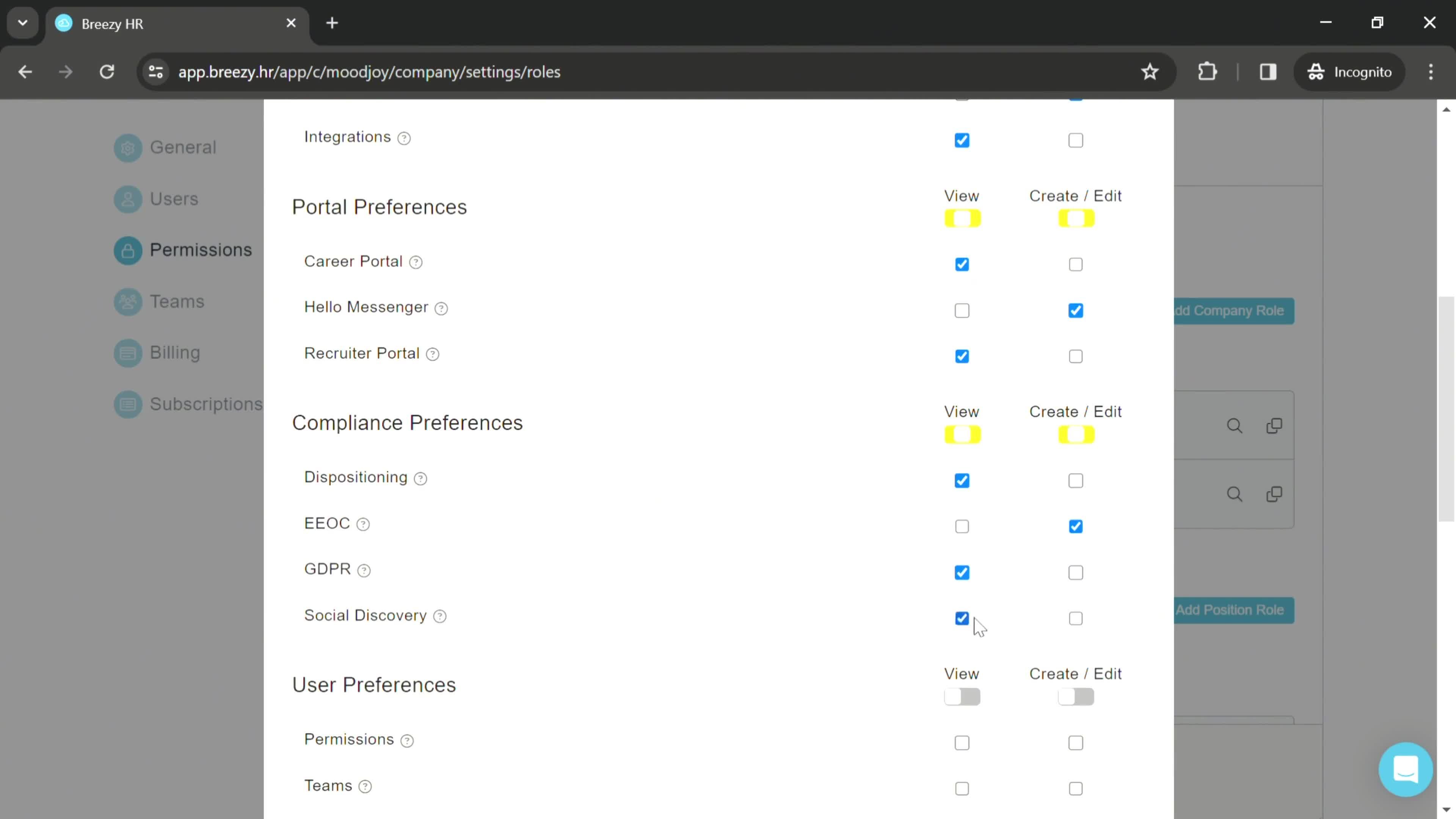 Managing roles and permissions screenshot