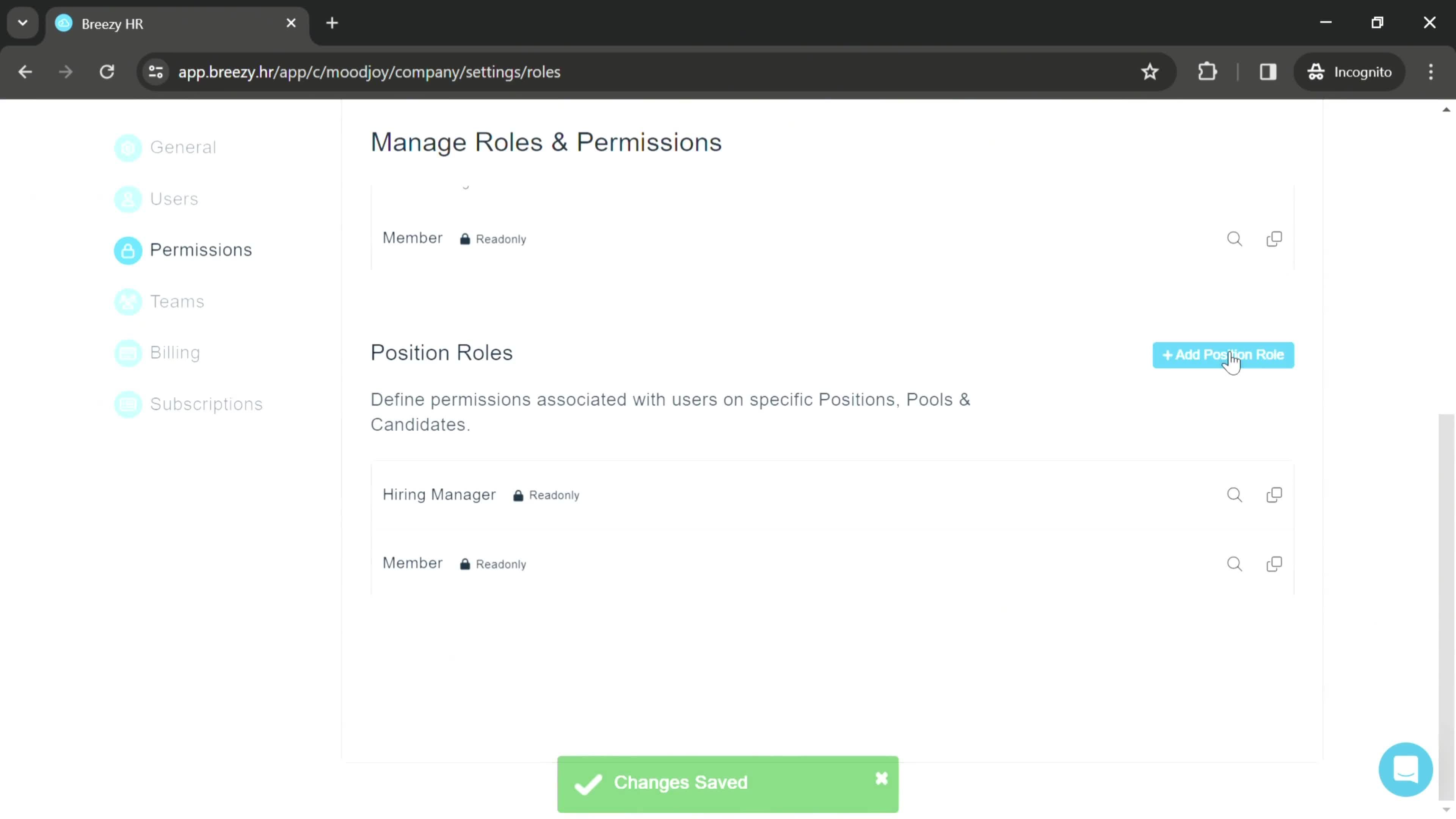 Managing roles and permissions screenshot