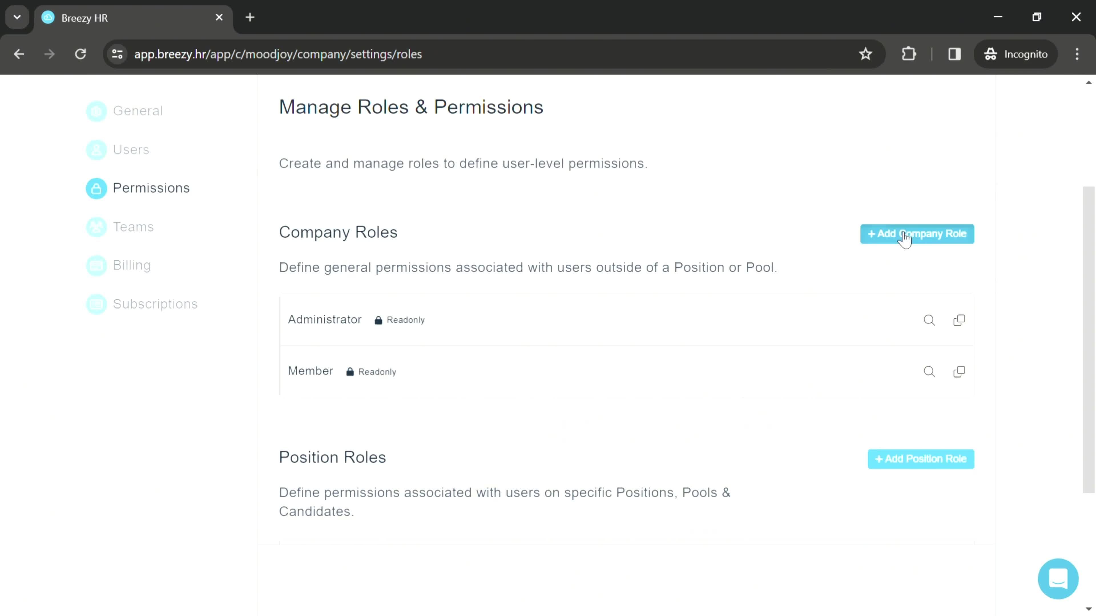 Managing roles and permissions screenshot