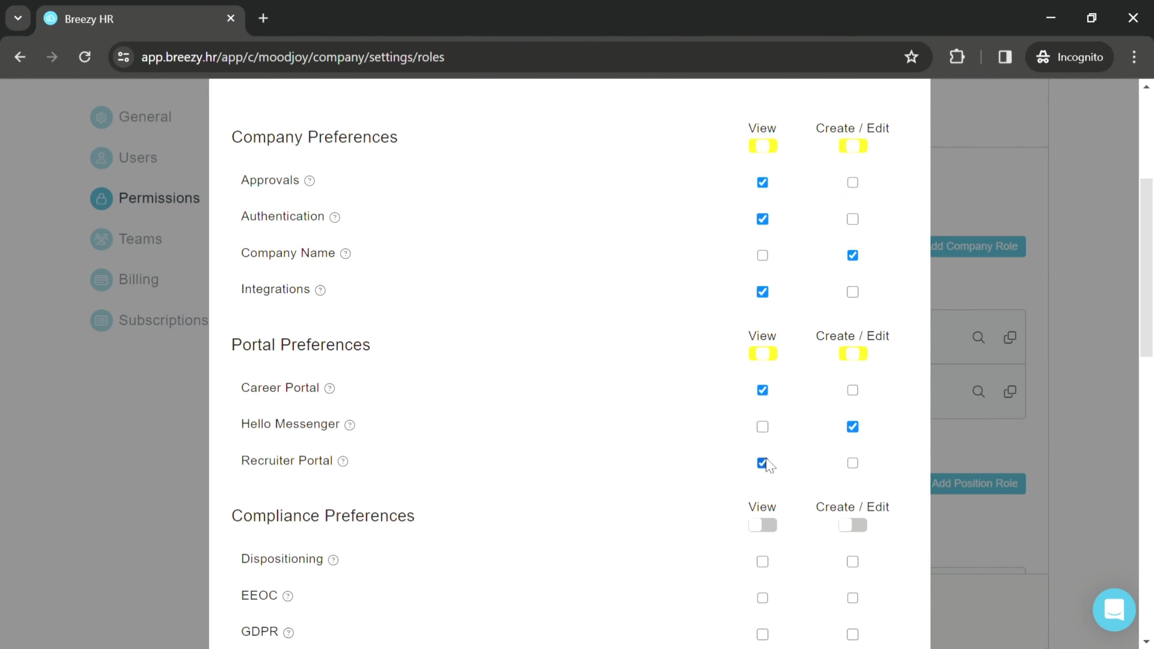 Managing roles and permissions screenshot