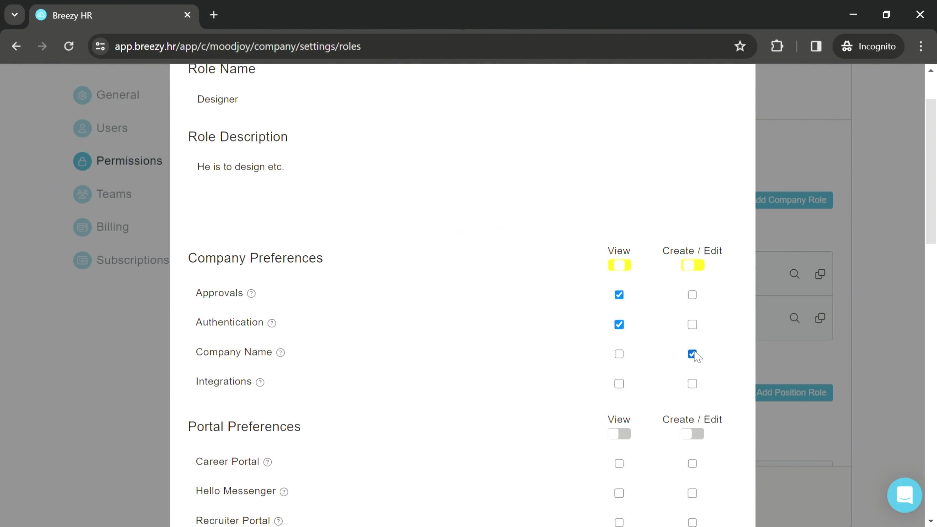 Managing roles and permissions screenshot