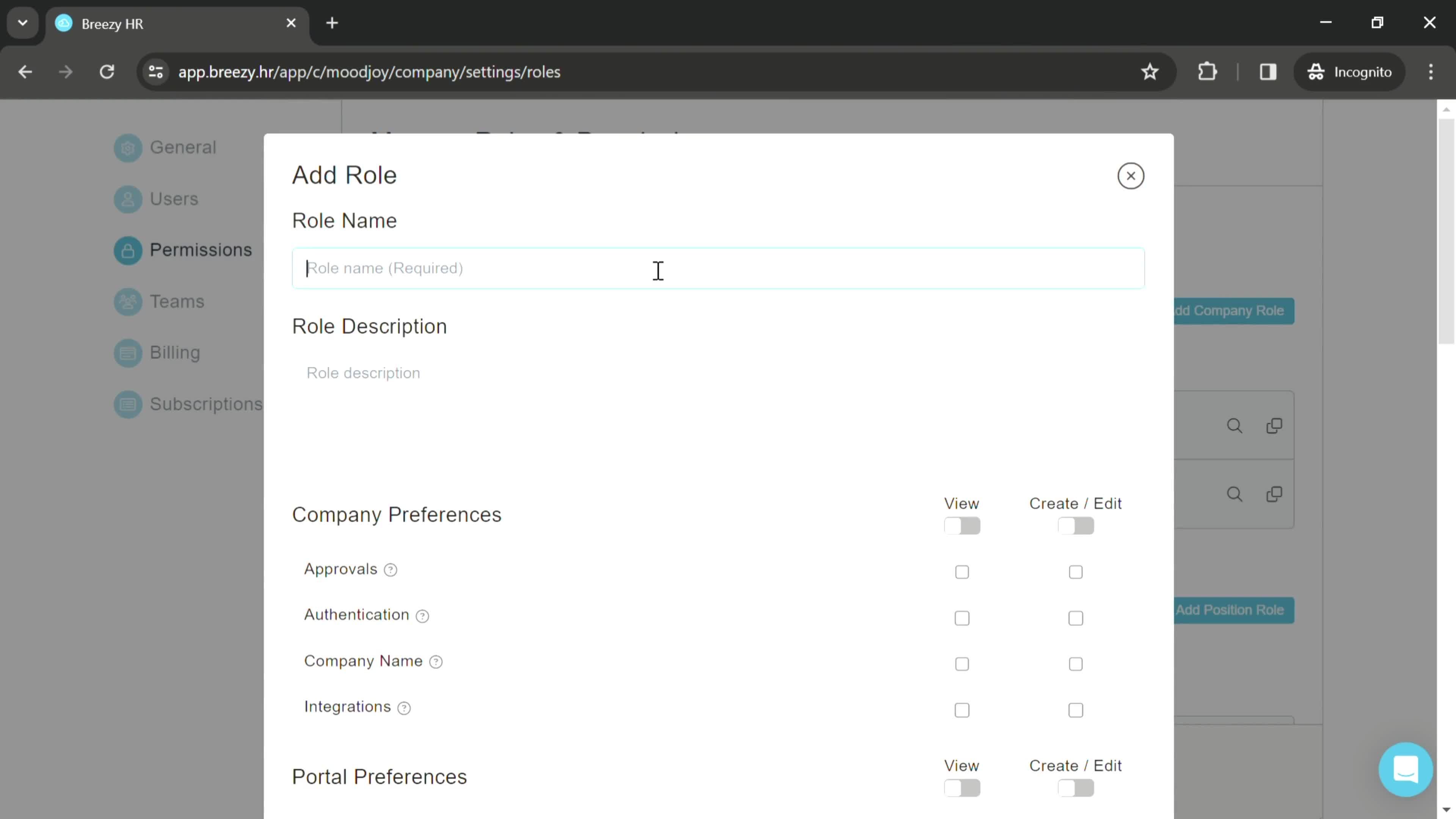 Managing roles and permissions screenshot