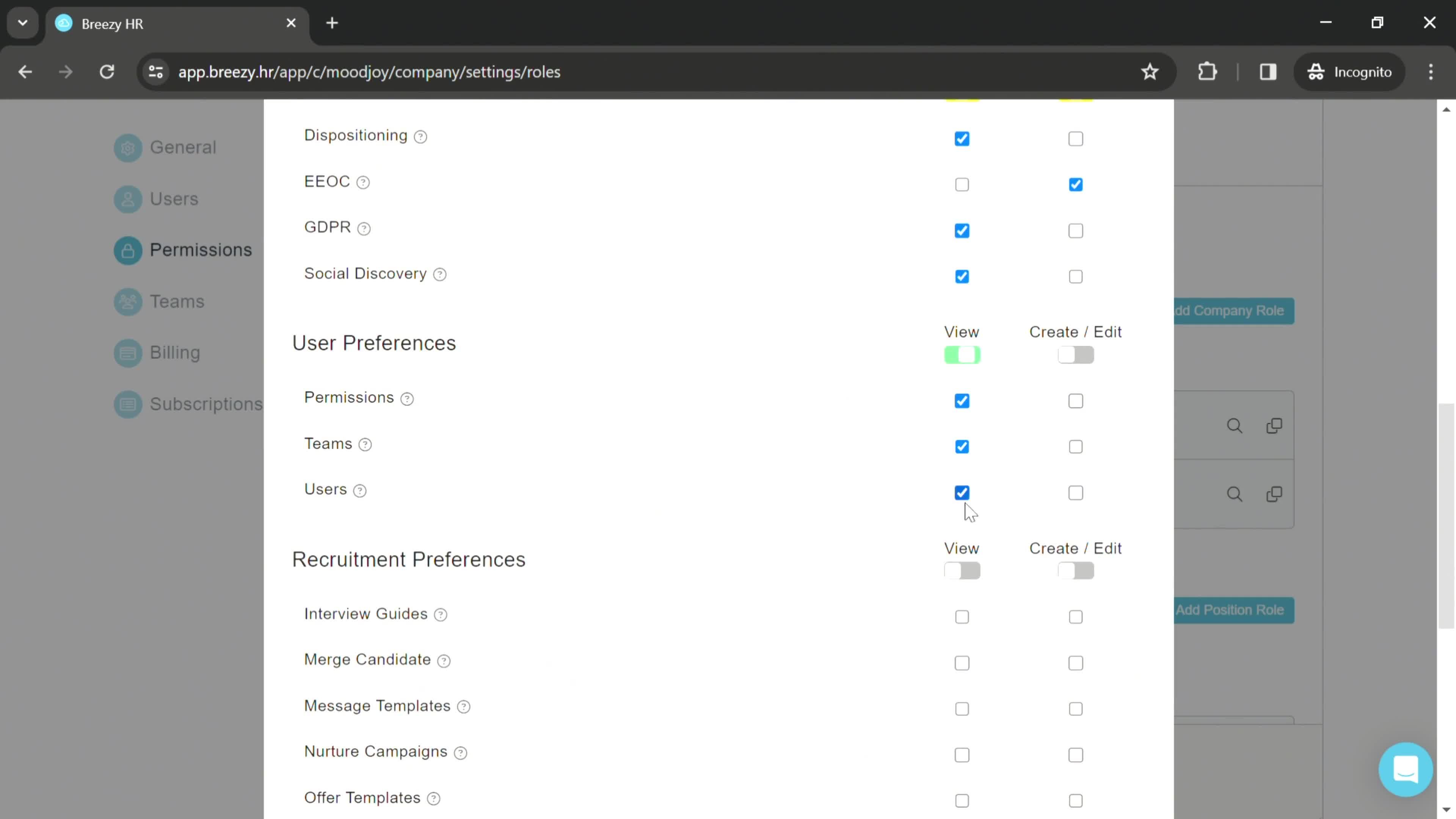 Managing roles and permissions screenshot