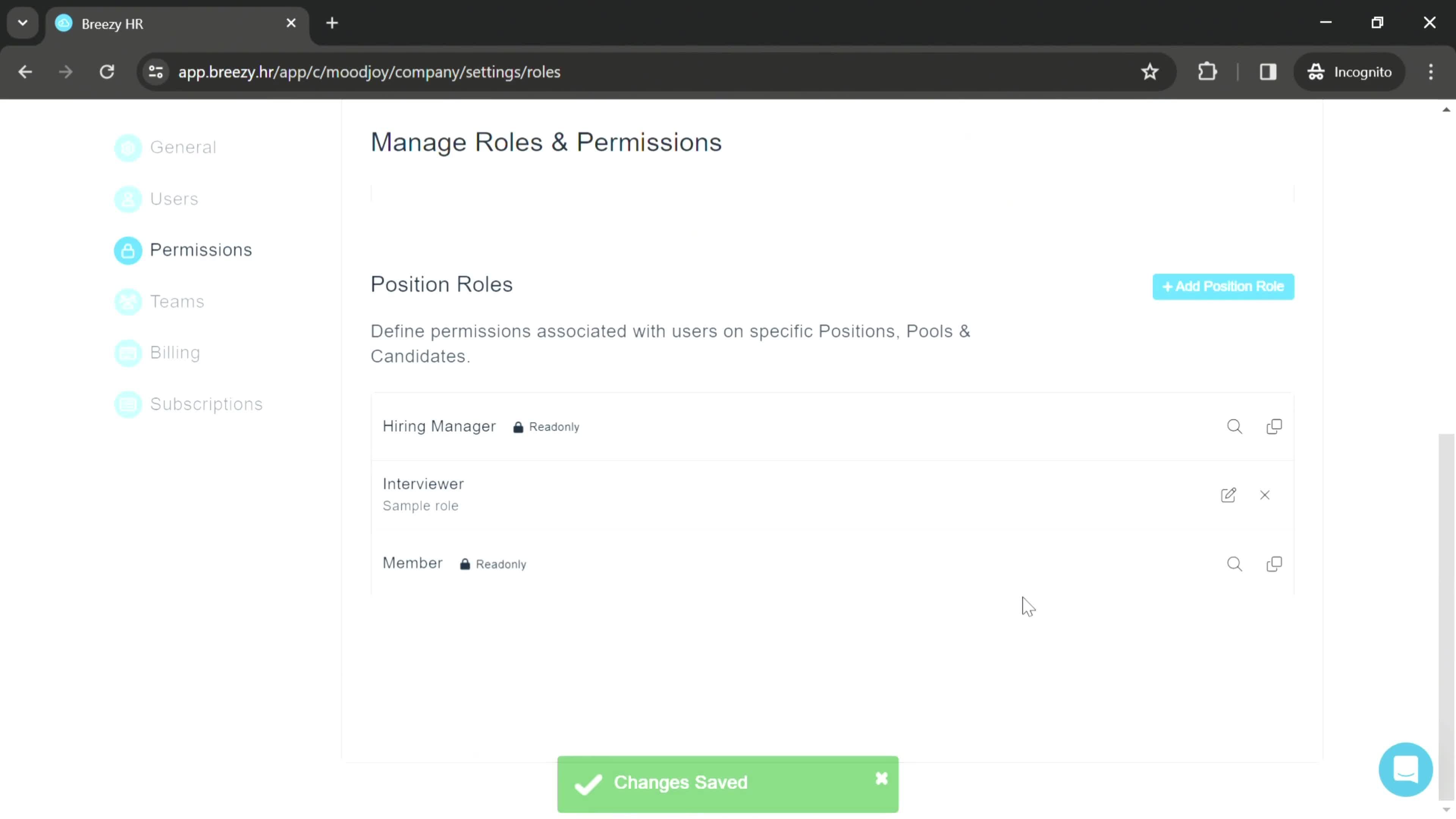 Managing roles and permissions screenshot