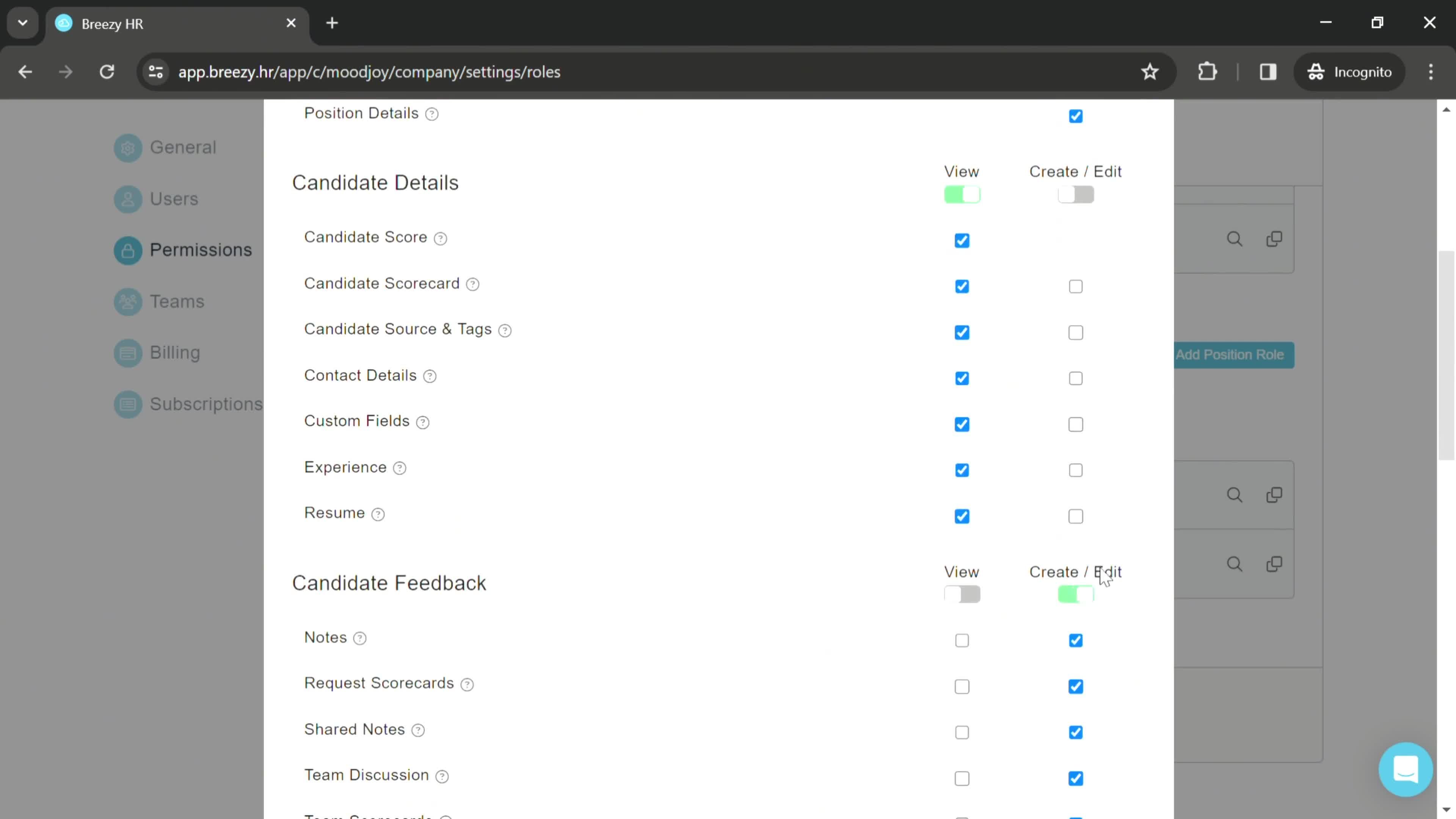 Managing roles and permissions screenshot