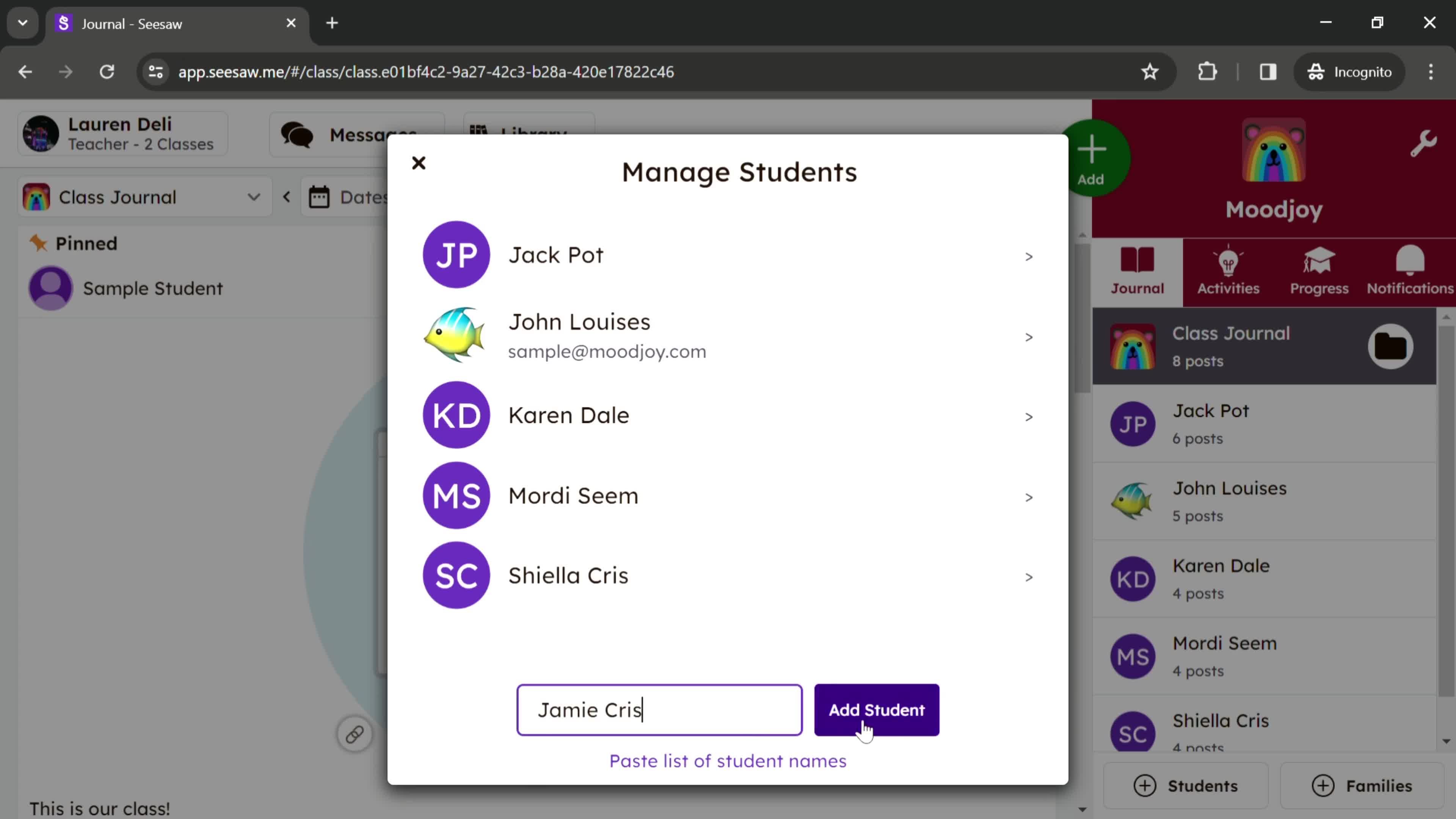 Managing students screenshot