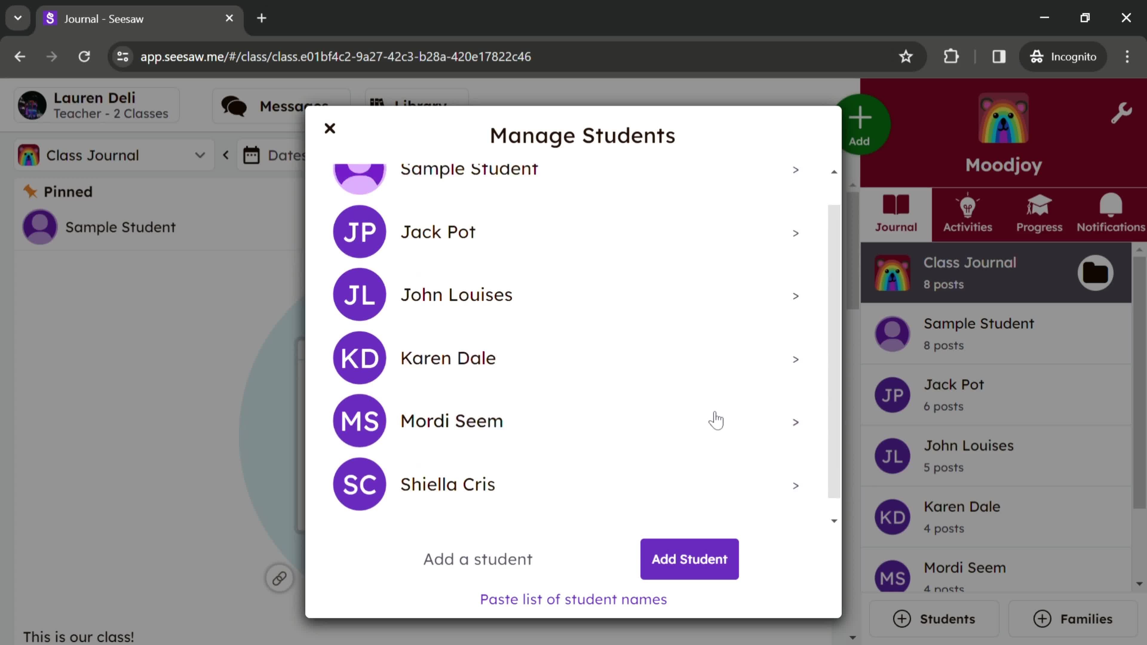 Managing students screenshot