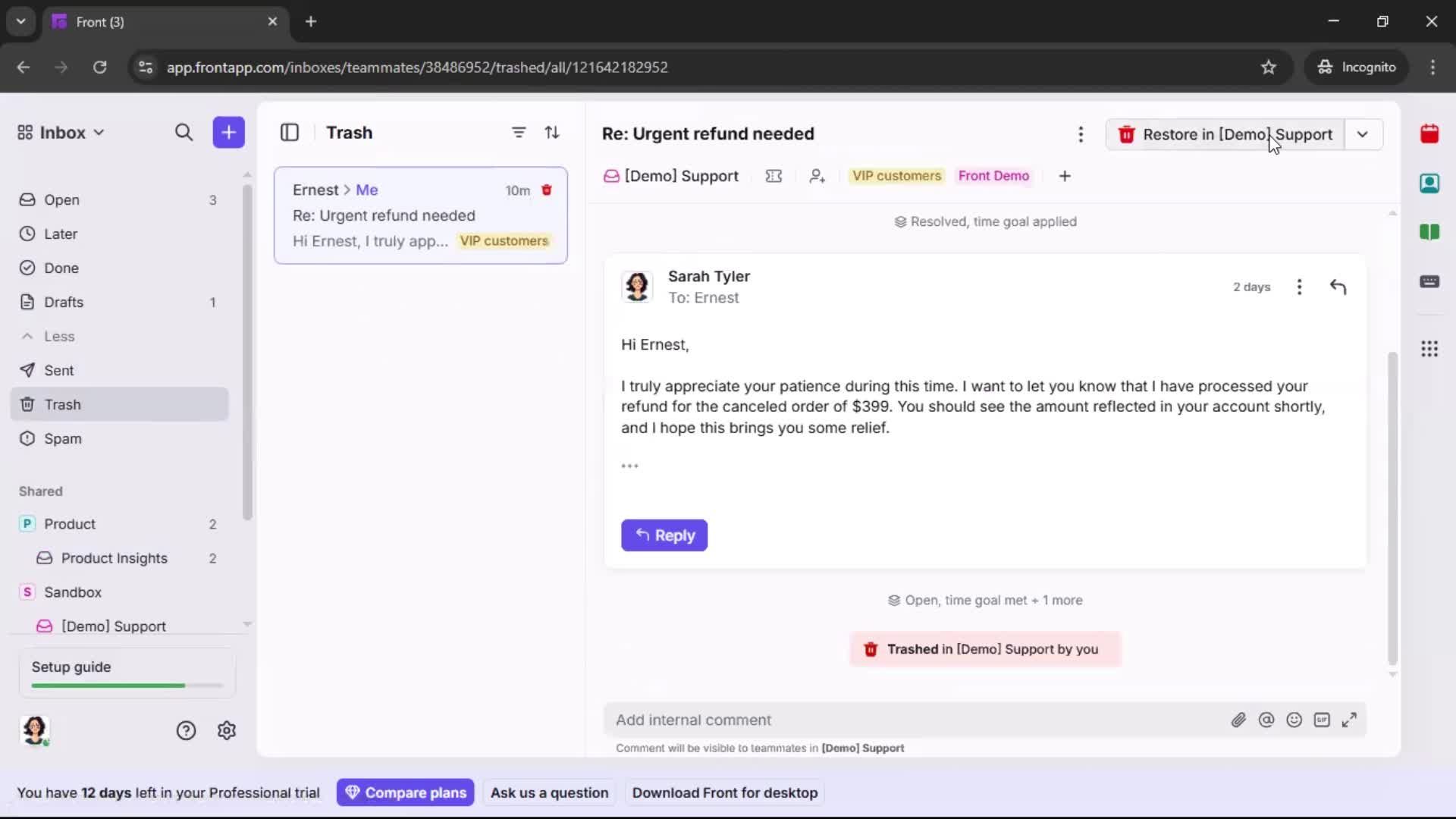 Managing support screenshot