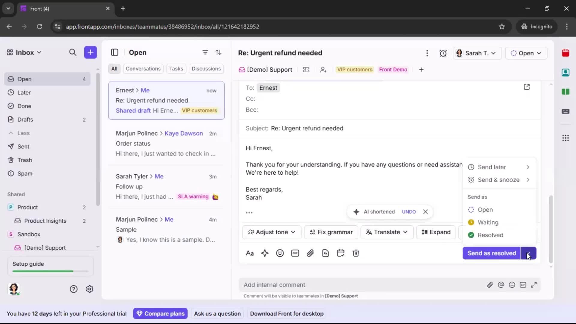 Managing support screenshot