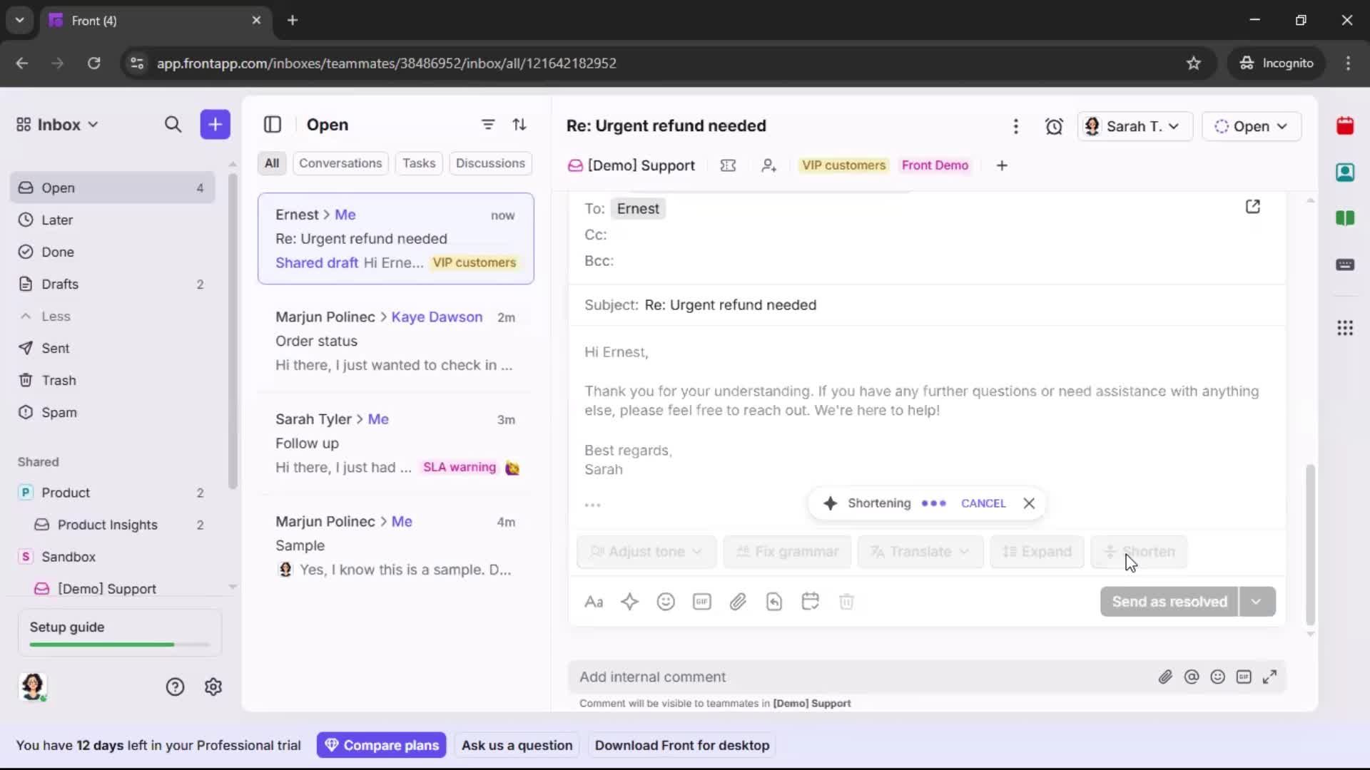Managing support screenshot