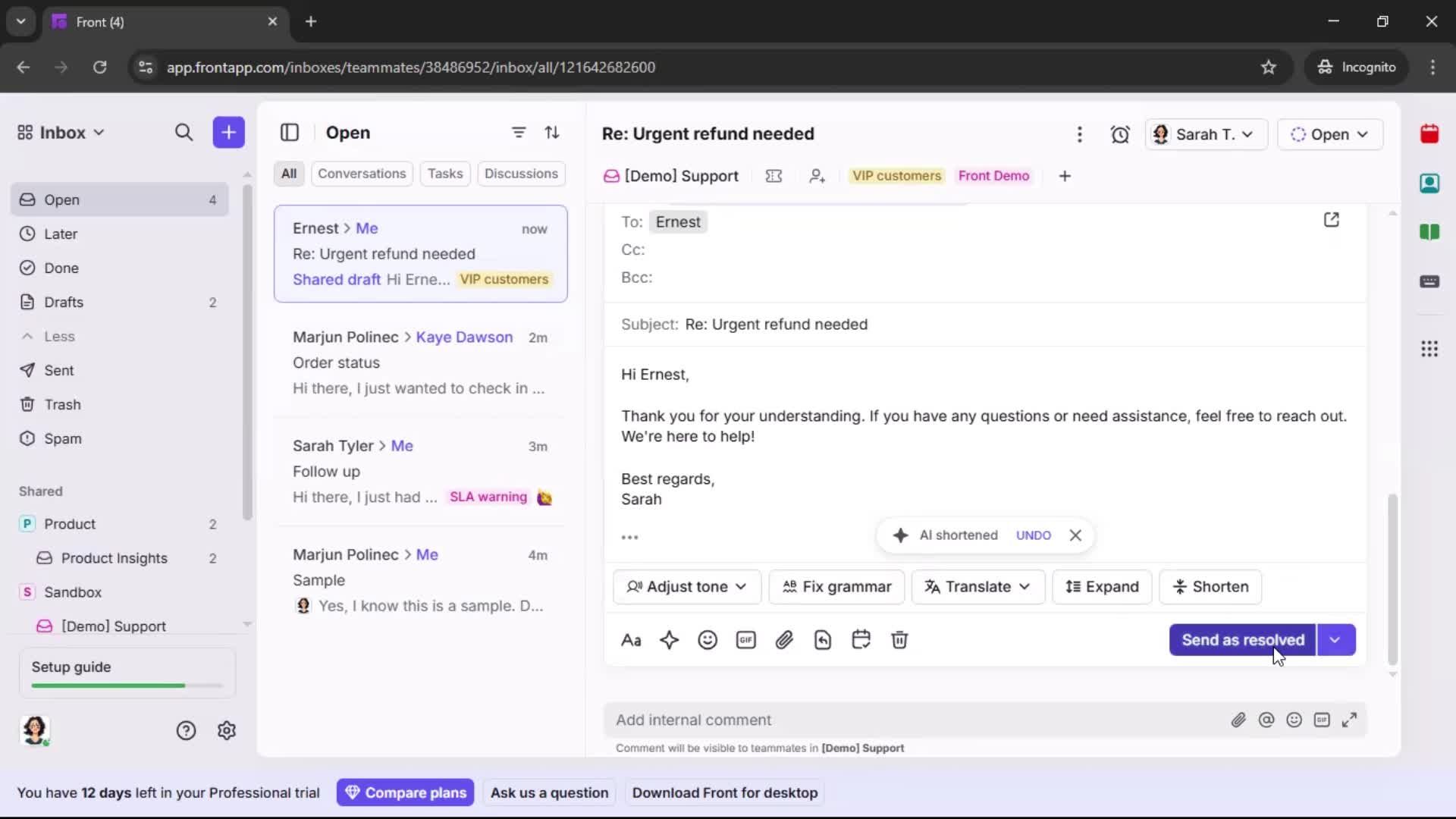 Managing support screenshot