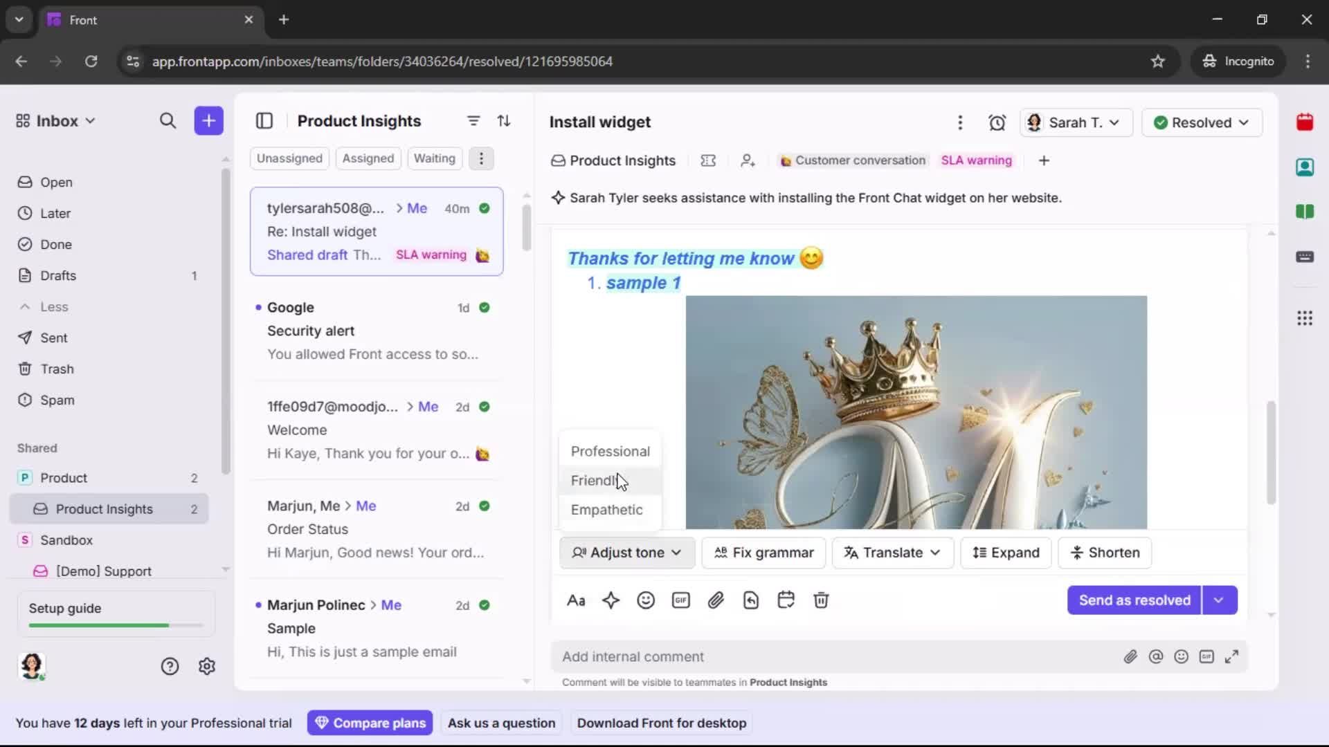 Managing support screenshot