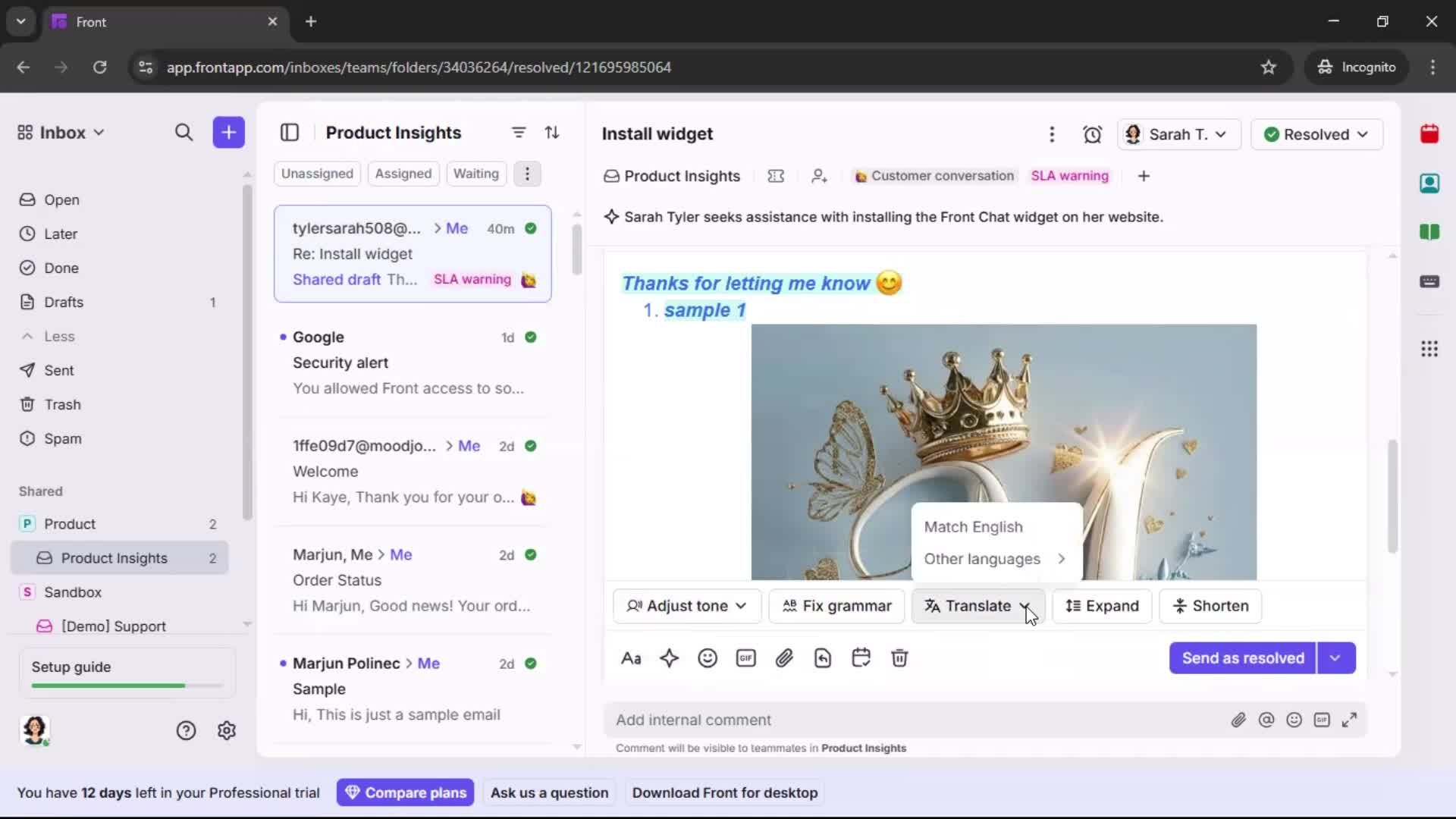 Managing support screenshot