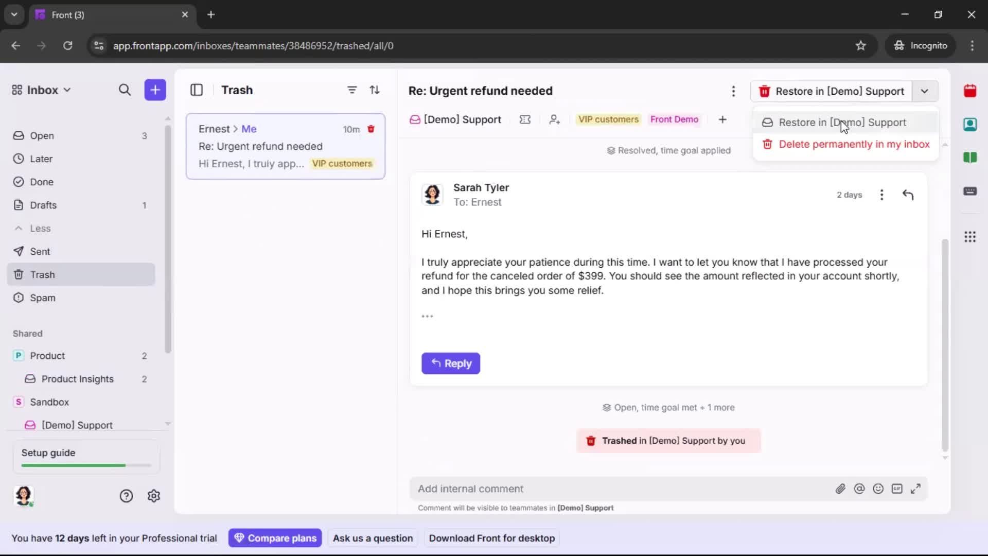 Managing support screenshot