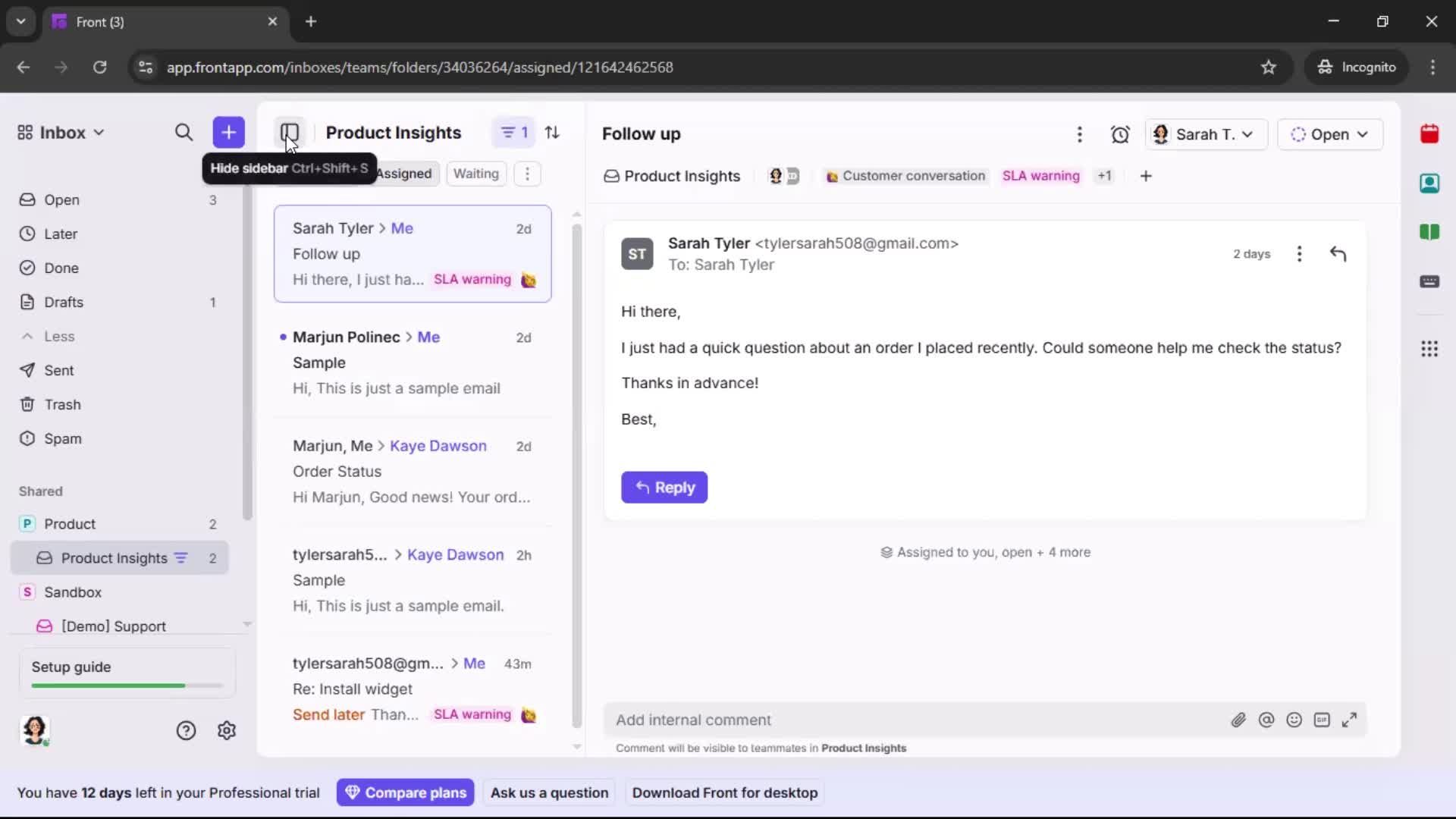 Managing support screenshot
