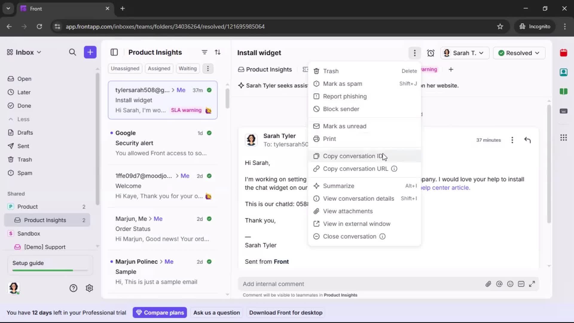 Managing support screenshot
