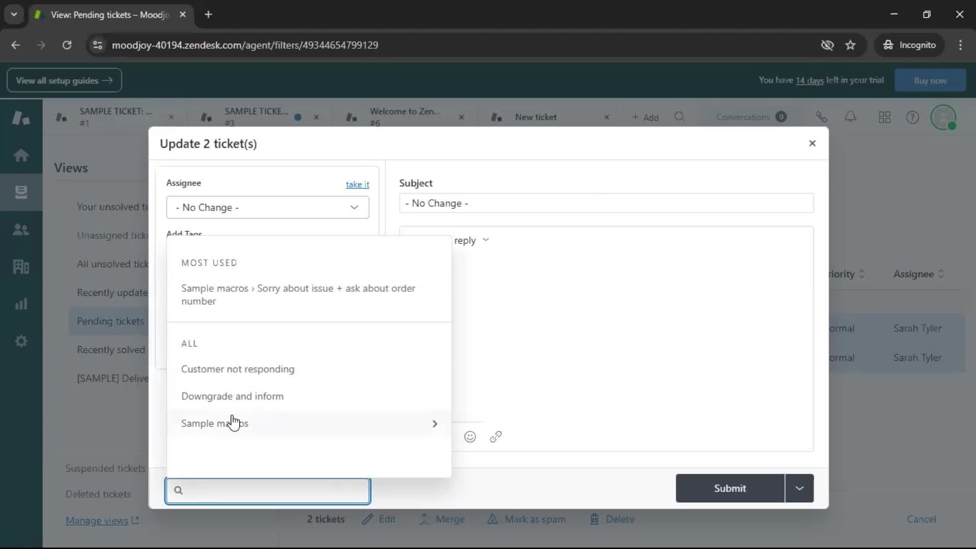 Managing support screenshot