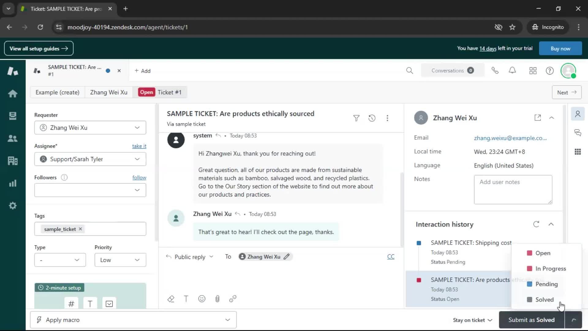 Managing support screenshot