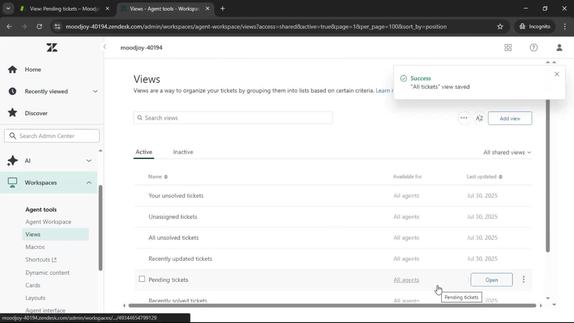 Managing support screenshot