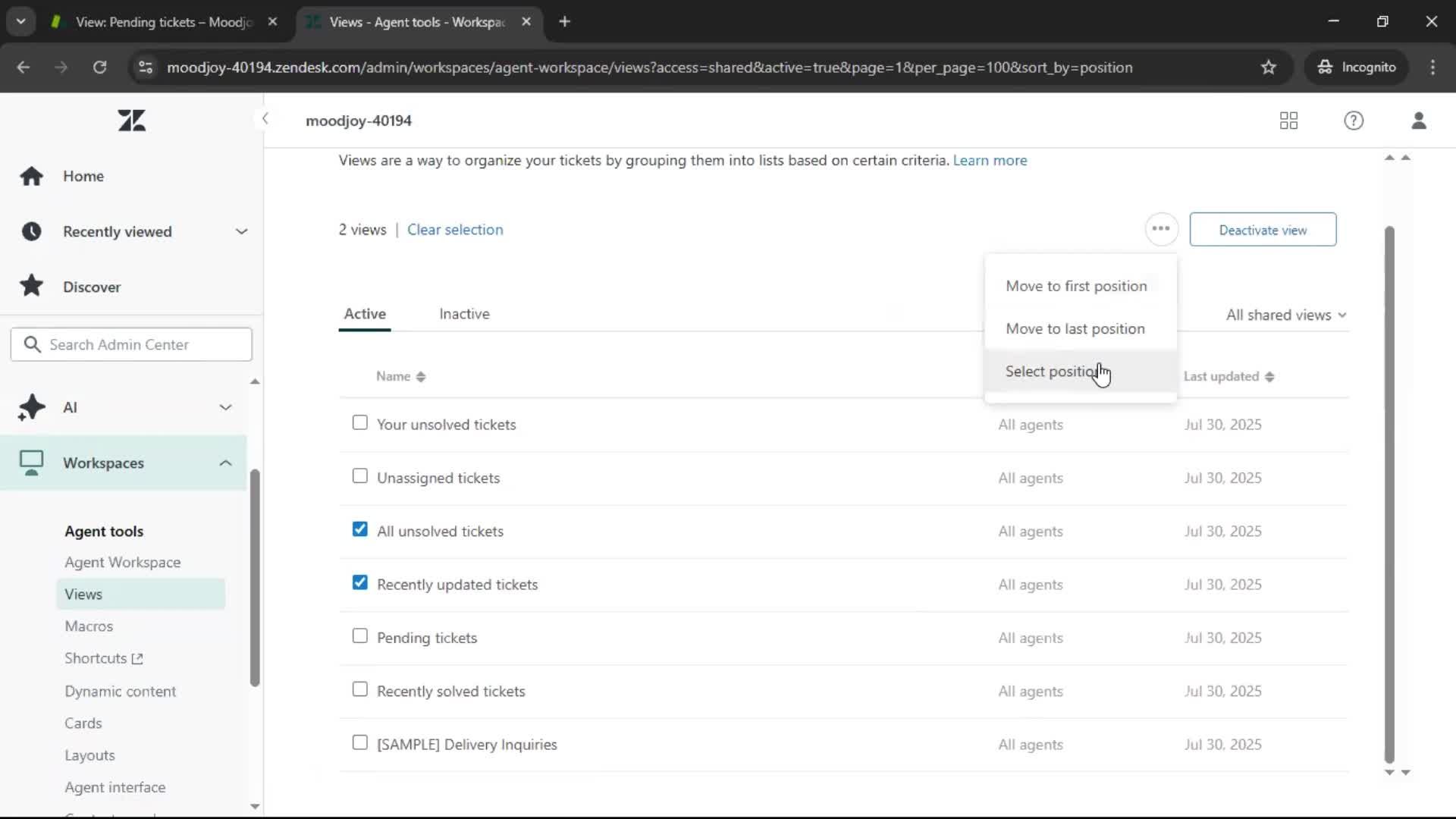 Managing support screenshot