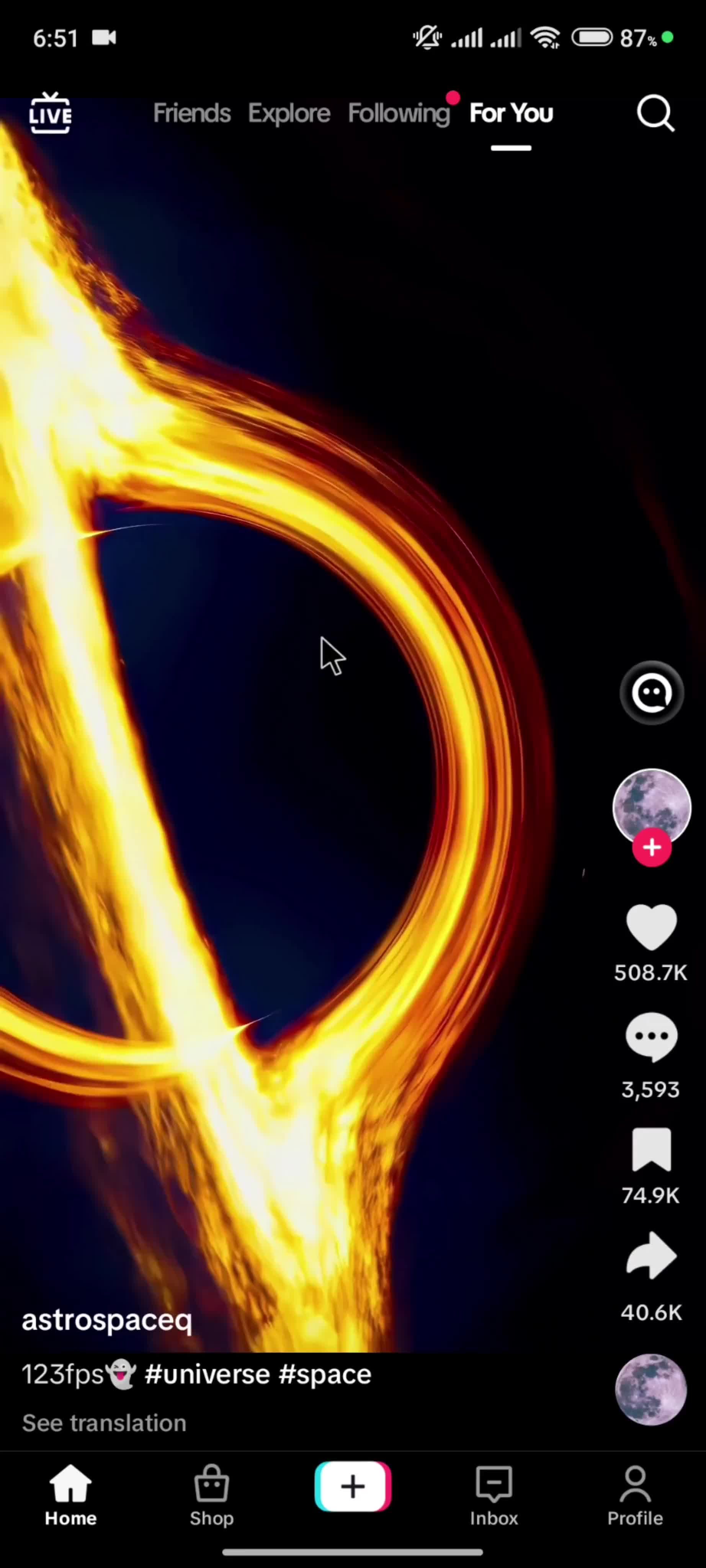 Account settings on TikTok video thumbnail