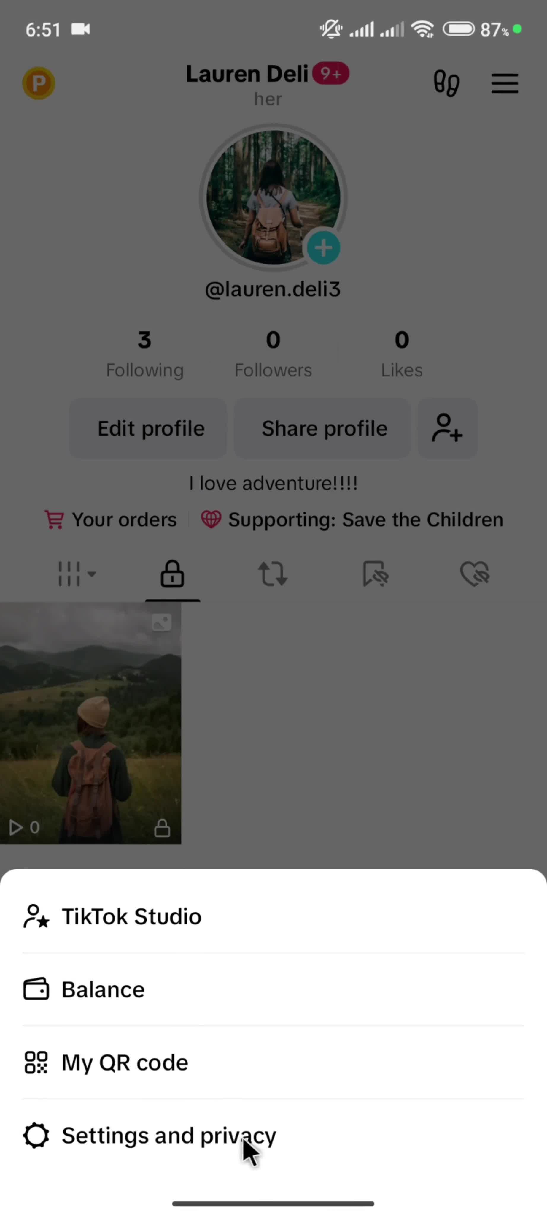 Account settings on TikTok video thumbnail