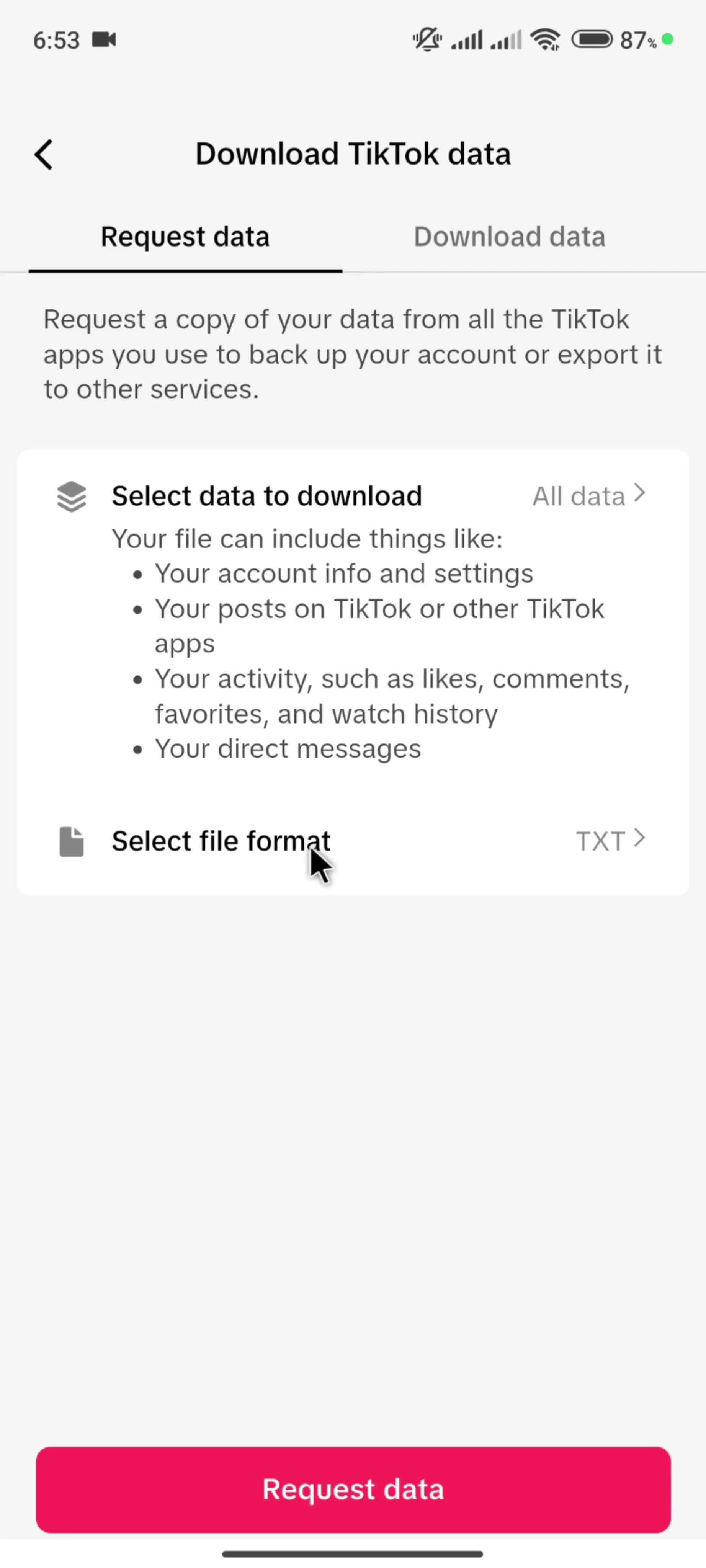 Account settings on TikTok video thumbnail