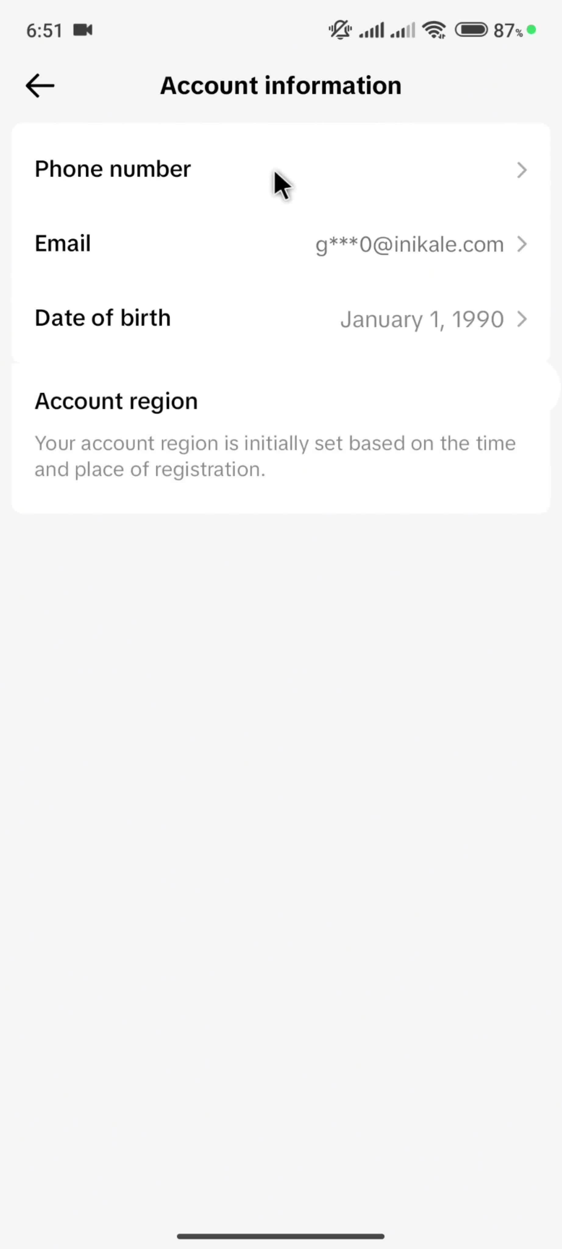 Account settings on TikTok video thumbnail