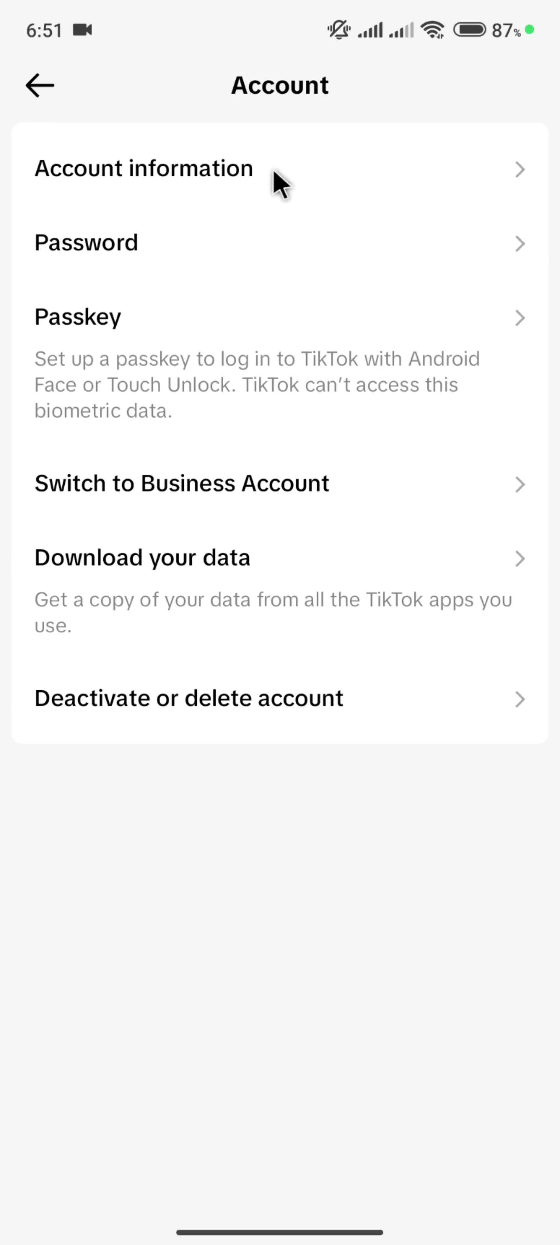 Account settings on TikTok video thumbnail