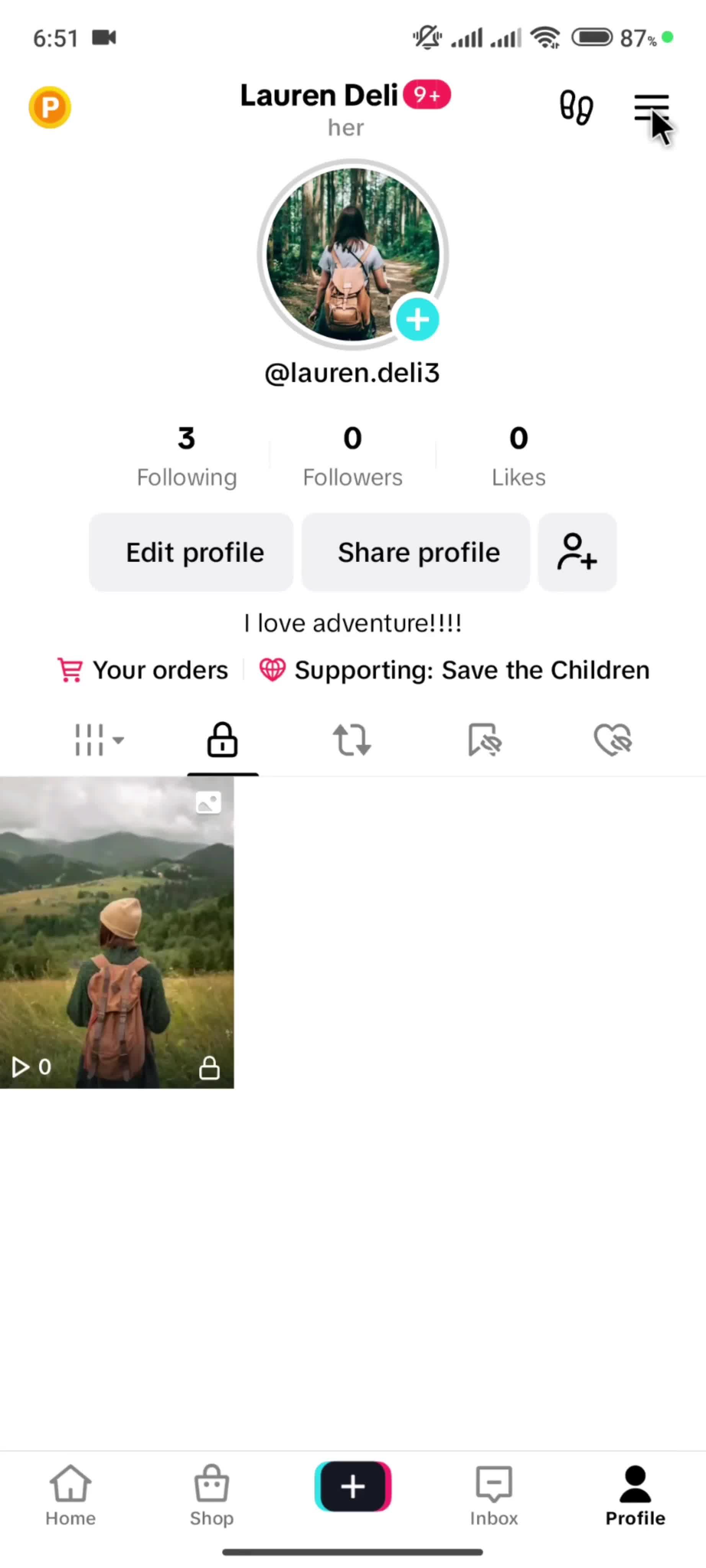 Account settings on TikTok video thumbnail