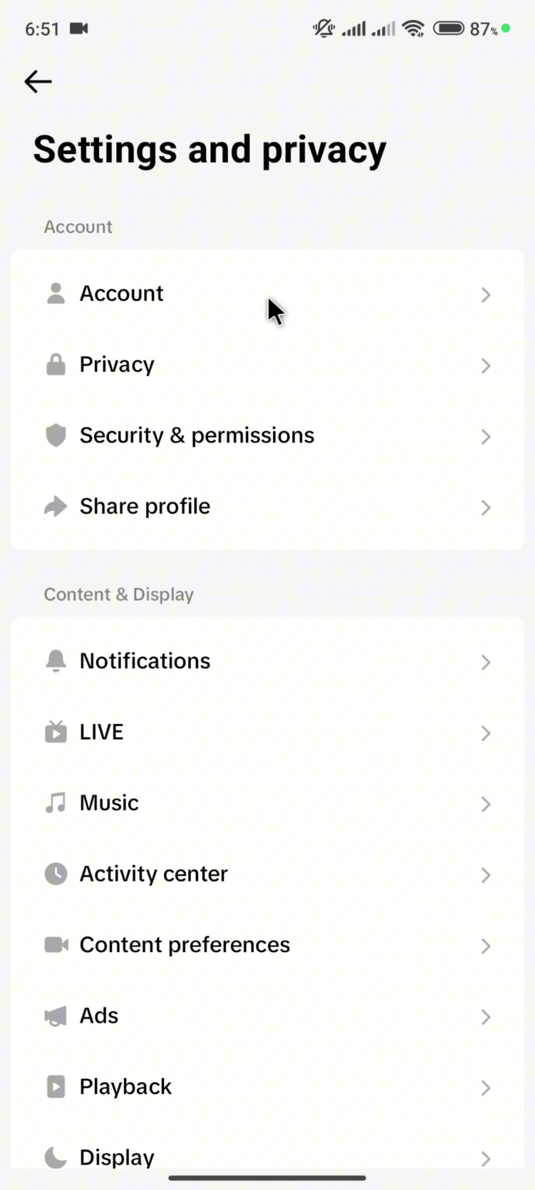 Account settings on TikTok video thumbnail