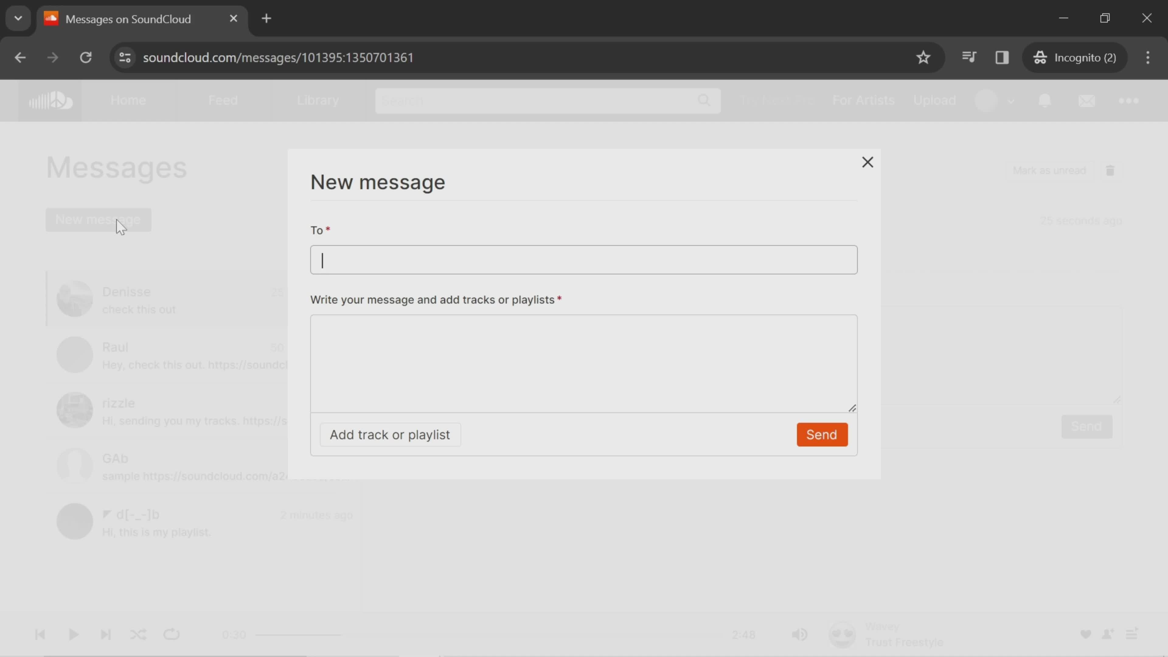 Sending messages on SoundCloud video thumbnail