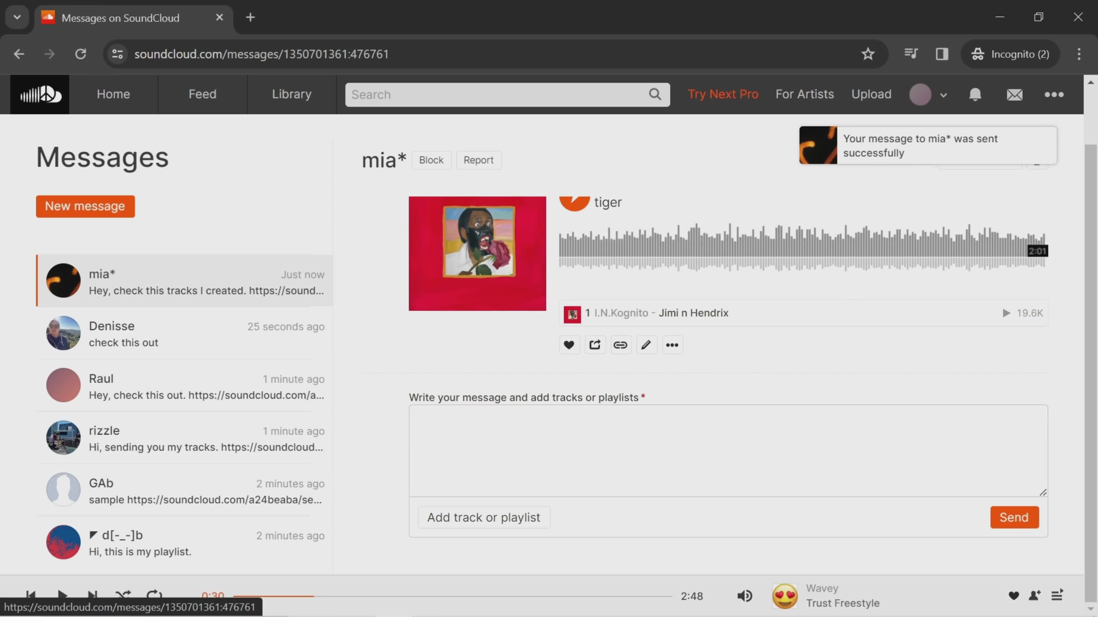 Sending messages on SoundCloud video thumbnail