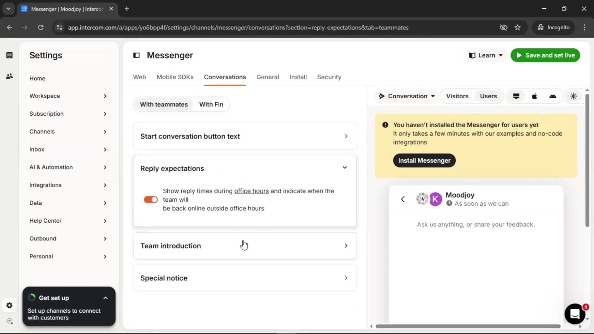 Messenger settings screenshot